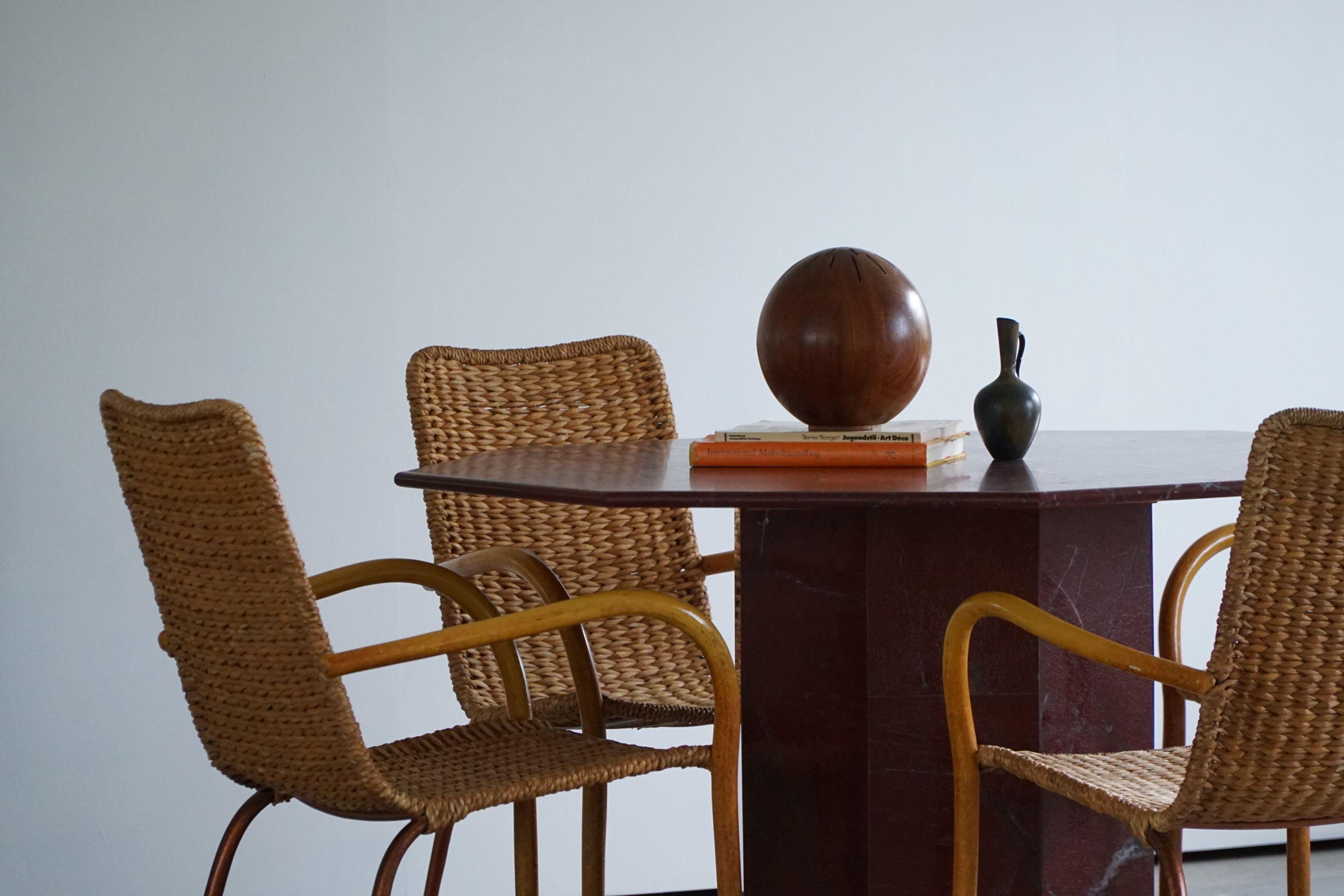 Tissé à la main Ensemble de 4 fauteuils italiens vintage en osier et bouleau, style mi-siècle moderne, 1950 en vente