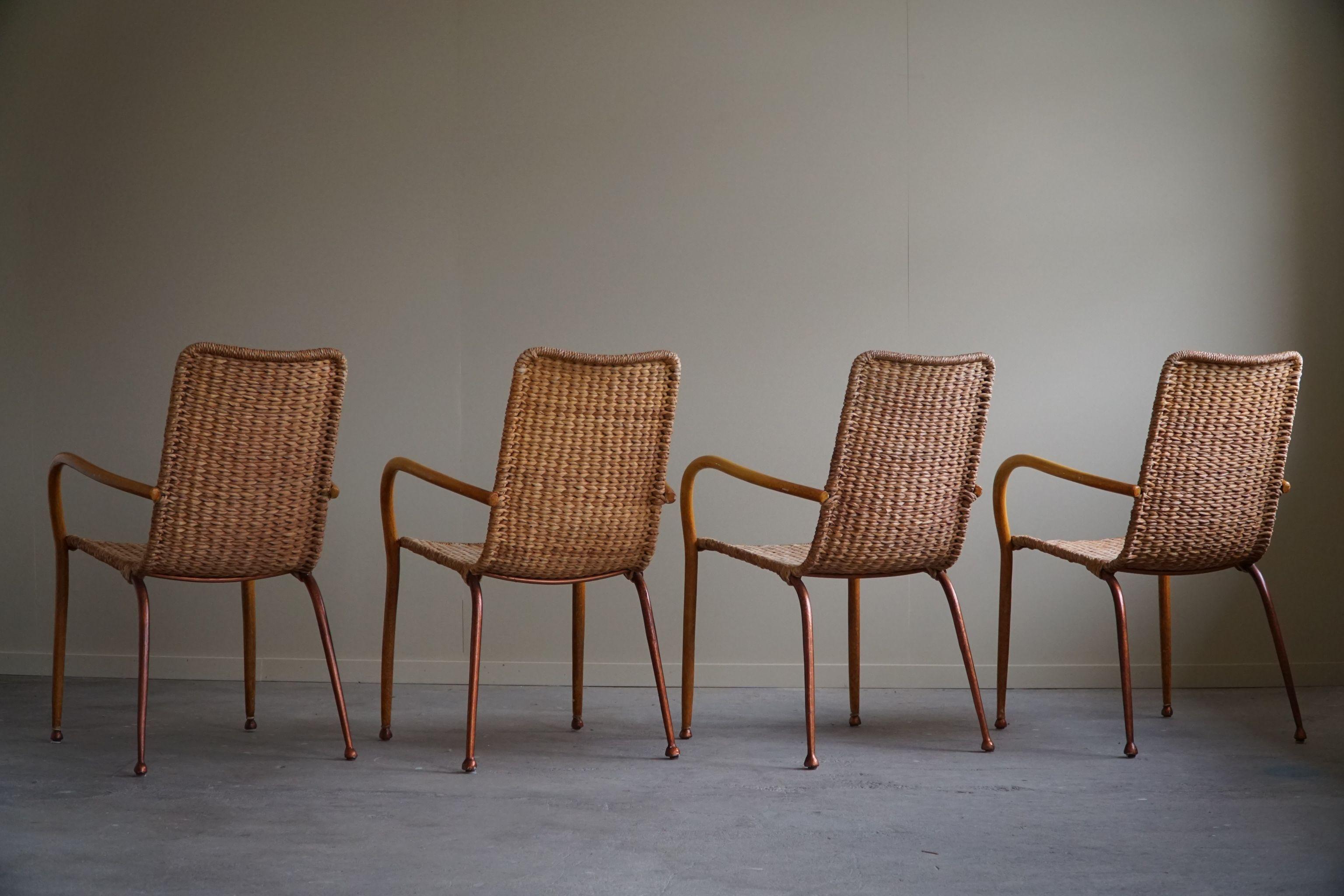 Set of 4 Italian Vintage Armchairs in Wicker & Birch, Mid-Century Modern, 1950 In Good Condition For Sale In Odense, DK