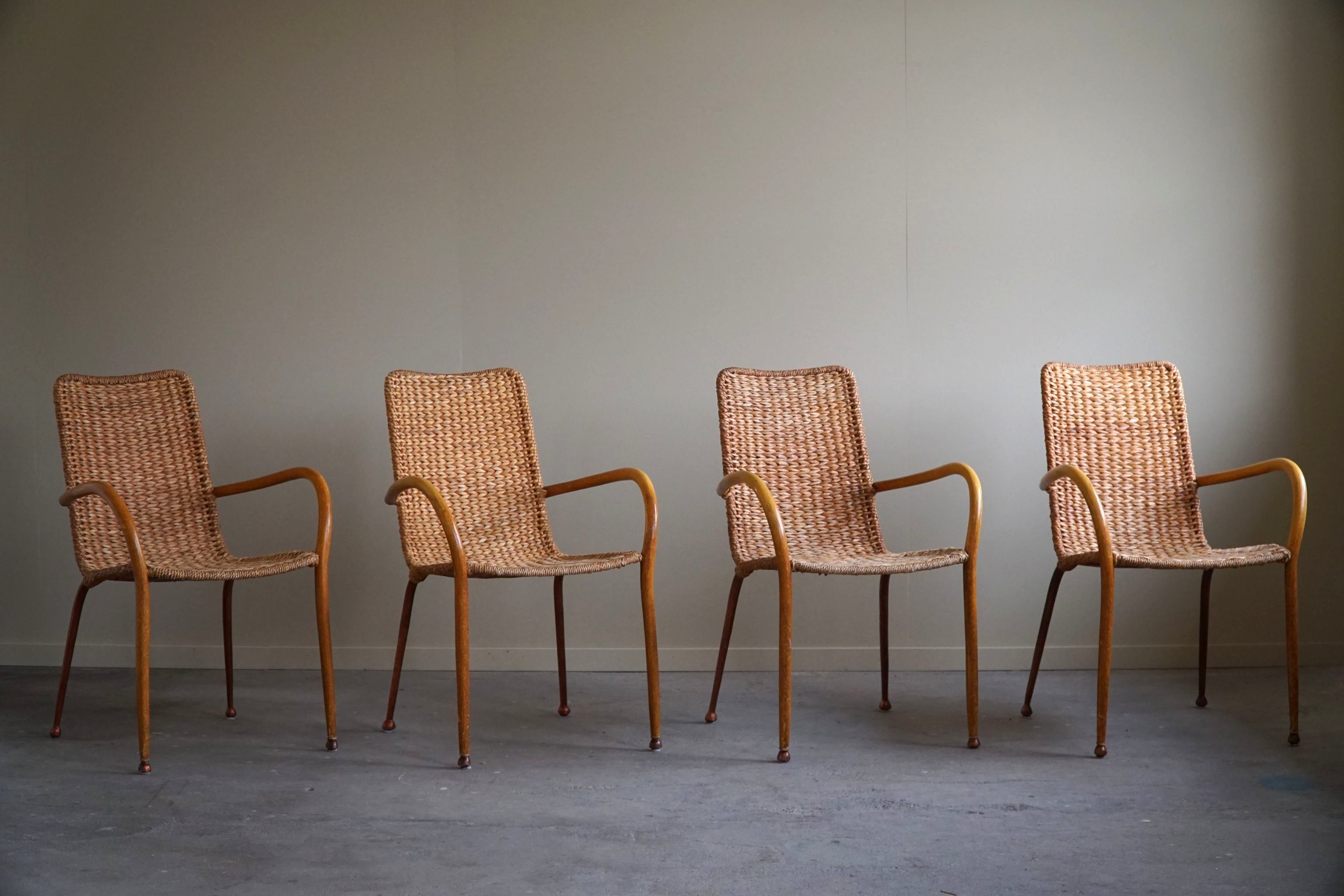Osier Ensemble de 4 fauteuils italiens vintage en osier et bouleau, style mi-siècle moderne, 1950 en vente