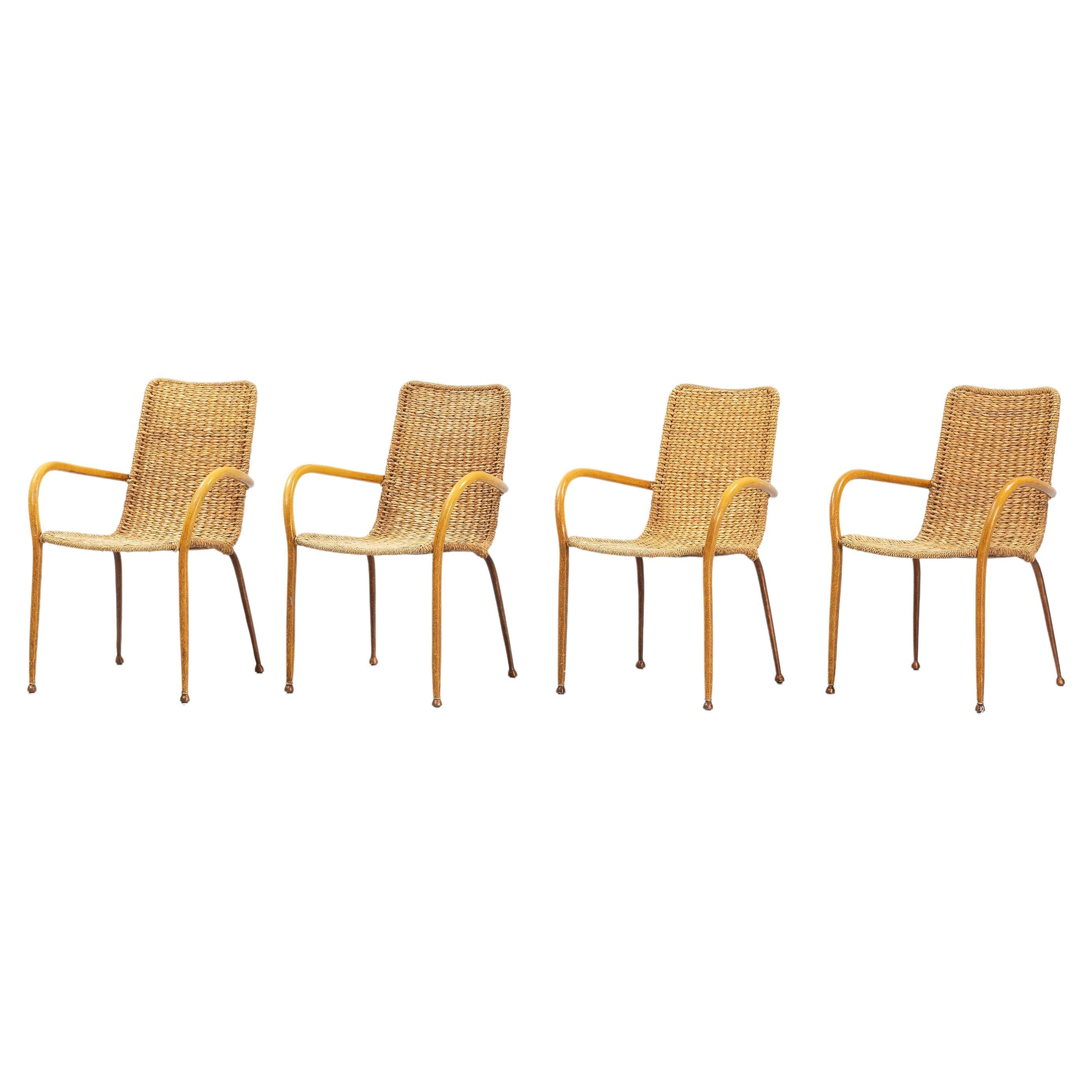 Set of 4 Italian Vintage Armchairs in Wicker & Birch, Mid-Century Modern, 1950 For Sale