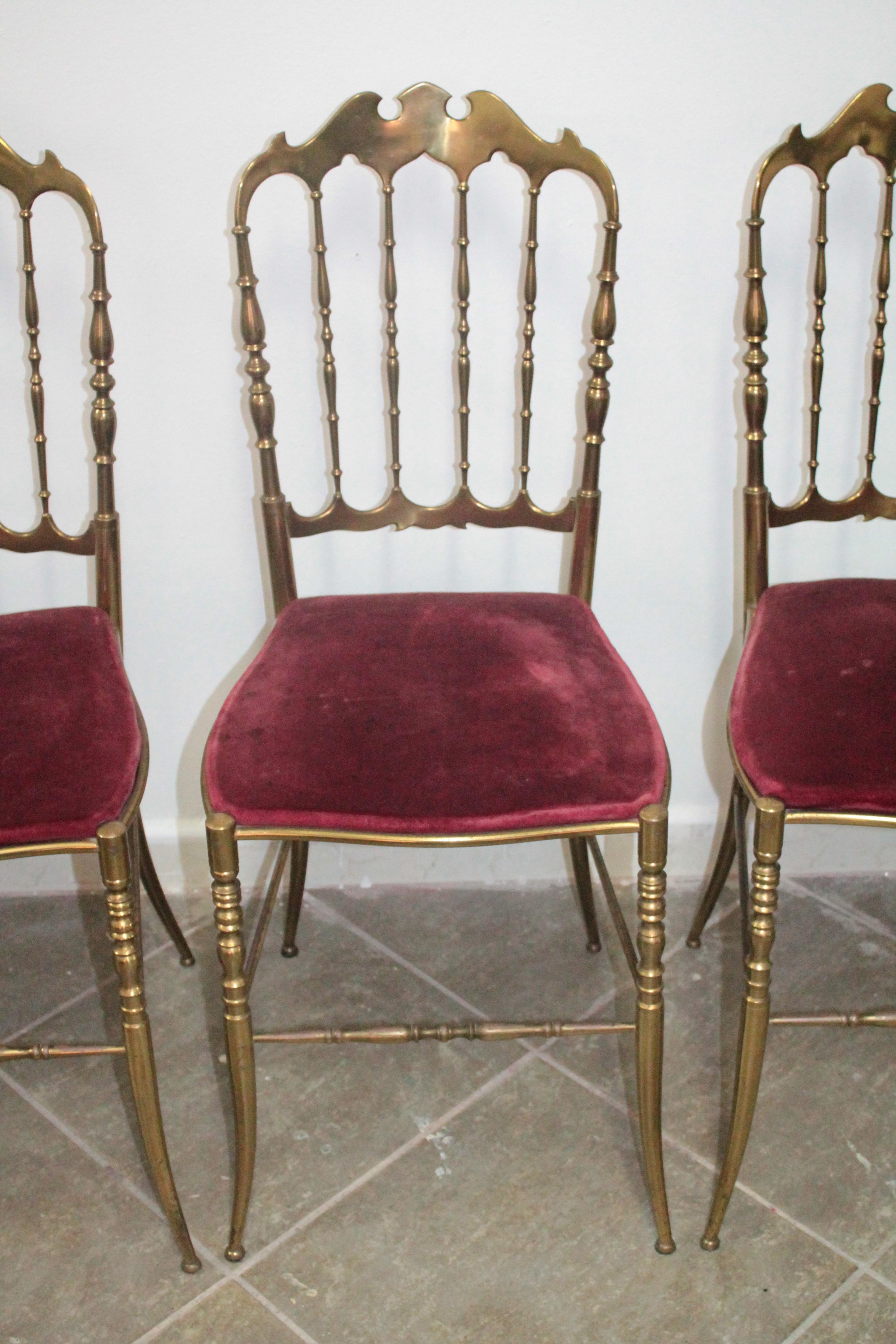 Set of 4 Italian Vintage Brass Hollywood Regency Dining Chairs by Chiavari In Good Condition In Palermo, Palermo
