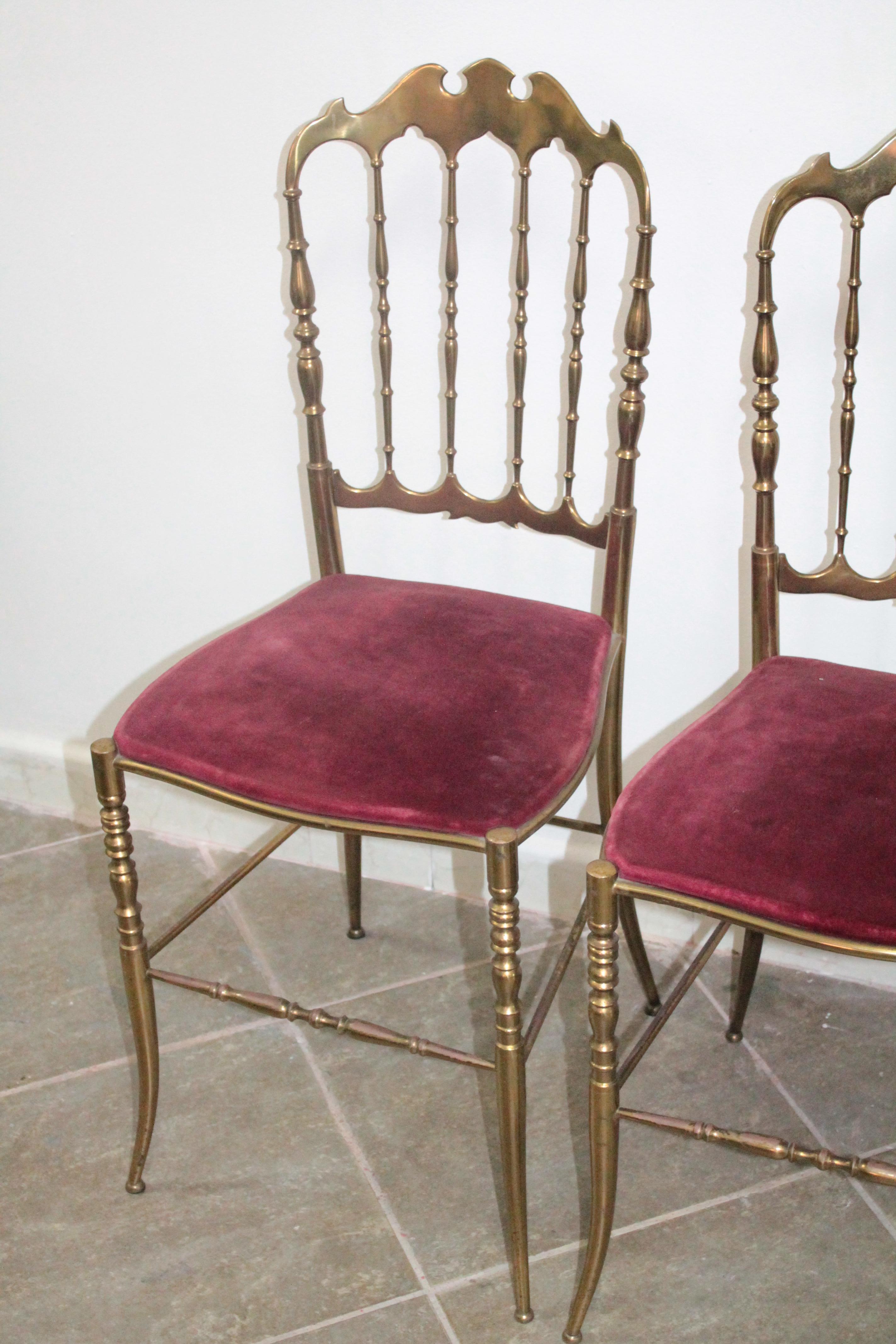 Mid-20th Century Set of 4 Italian Vintage Brass Hollywood Regency Dining Chairs by Chiavari