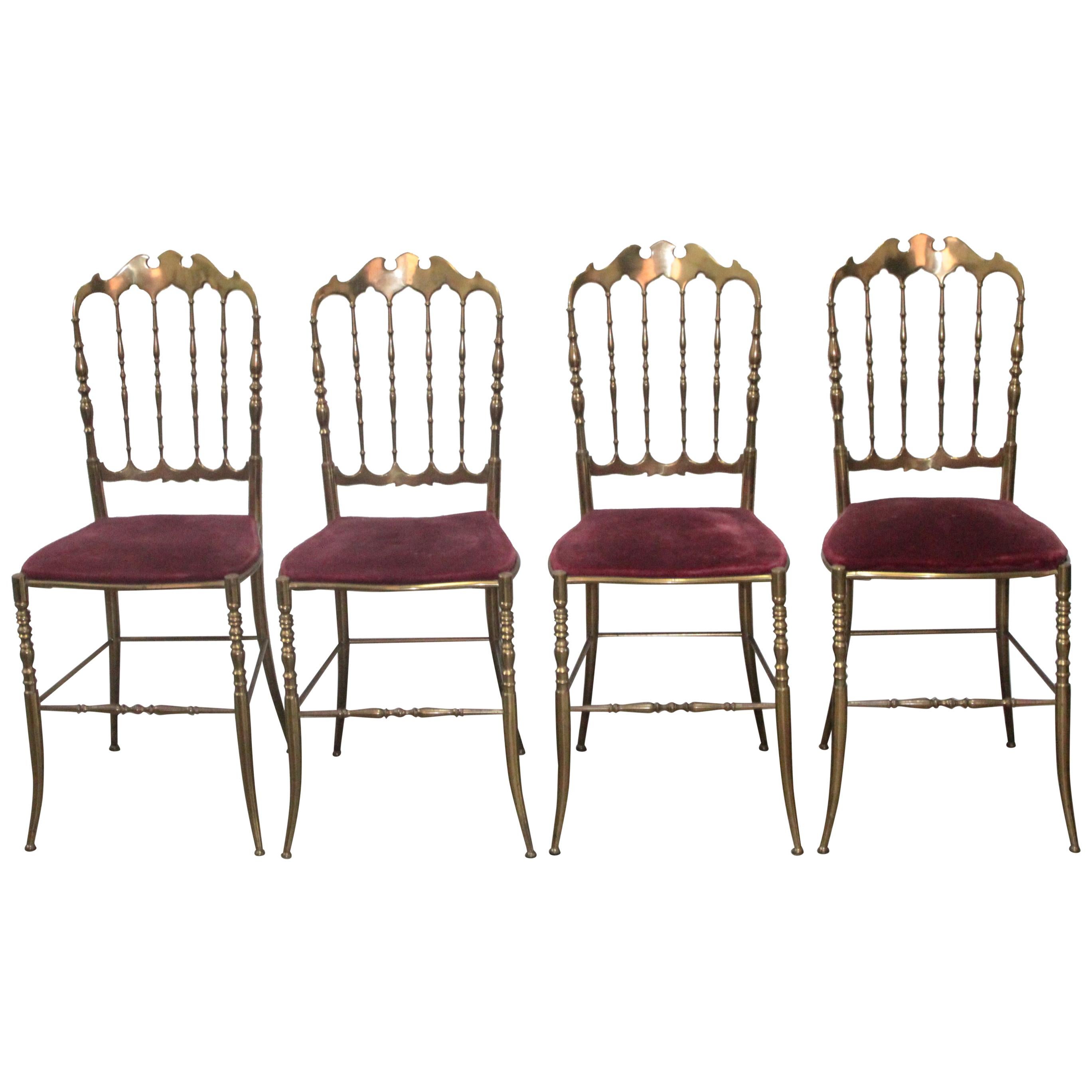 Set of 4 Italian Vintage Brass Hollywood Regency Dining Chairs by Chiavari