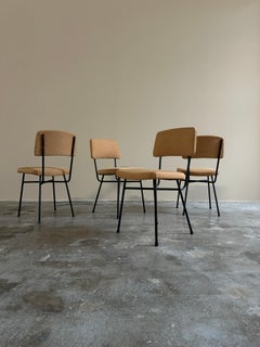 Set of 4 Italian vintage chairs 1960s, black iron legs, seat backrest ochre fabr