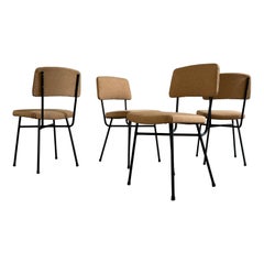 Set of 4 Italian vintage chairs 1960s, black iron legs, seat backrest ochre fabr