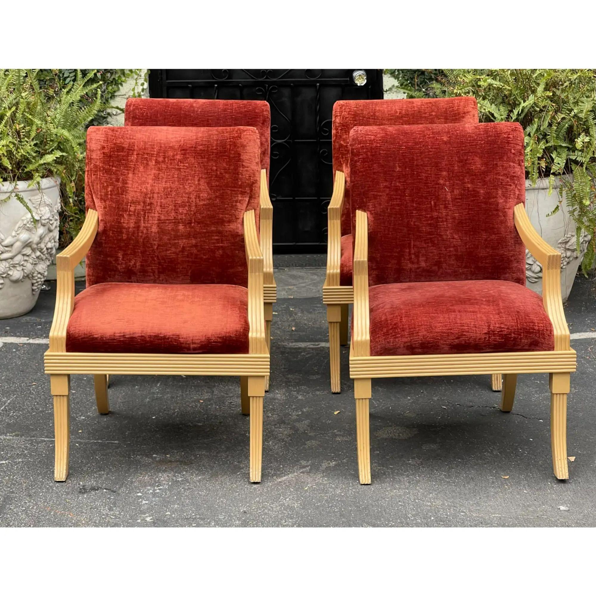 J. Robert Scott Art Deco red distressed velvet dining chairs - set of 4.

Additional information:
Materials: velvet, wood
Color: Red
Brand: J. Robert Scott
Designer: Sally Sirkin Lewis
Period: 1980s
Styles: Art Deco
Number of Seats: 4
Item