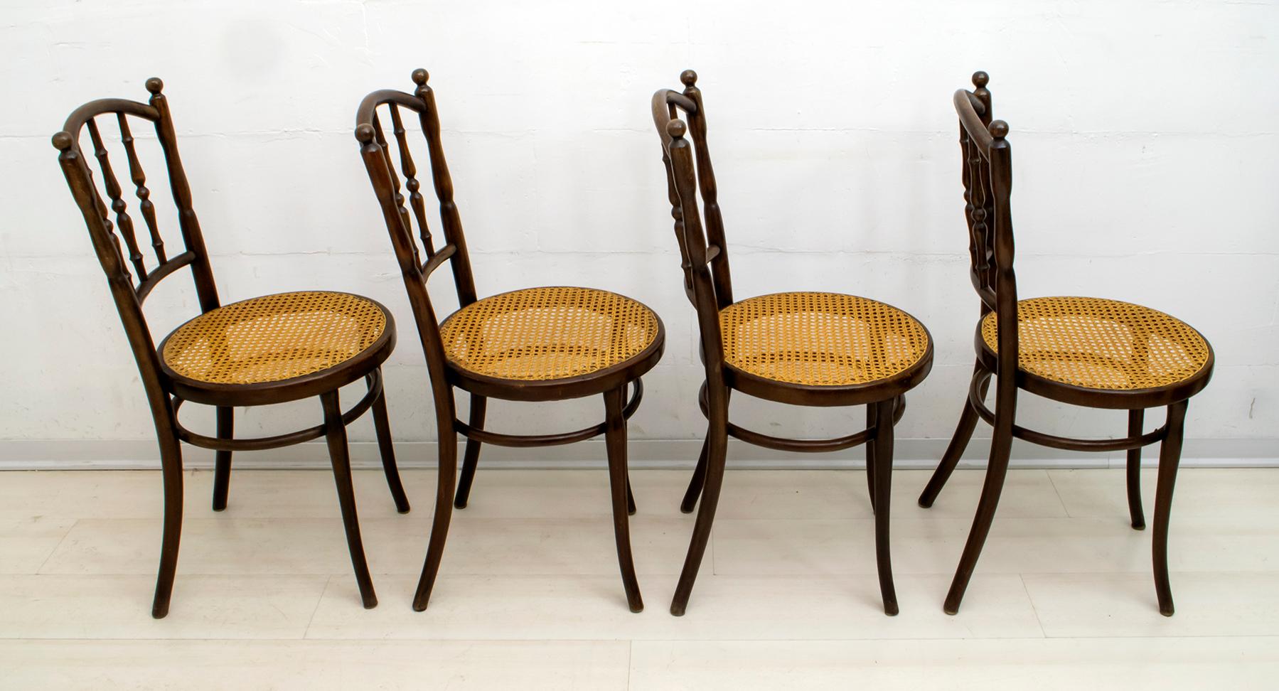 Set of 4 Classic model chairs marked Jacob & Josef Kohn.
This is a nice complete set of four chairs, they are in good condition, all showing some slight cosmetic wear, normal and consistent with age, curved beech wood and original Vienna straw, in