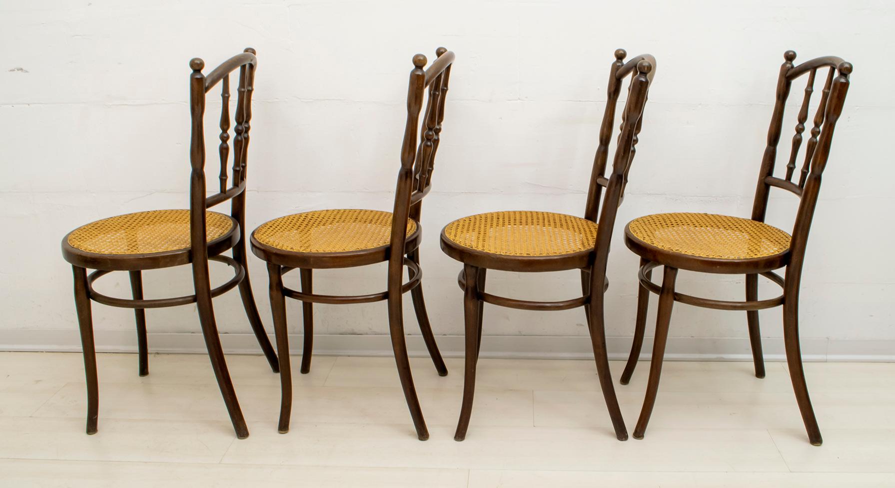 Austrian Set of 4 Jacob & Josef Kohn Art Nouveau Bent Wood and Vienna Straw Chairs, 1900