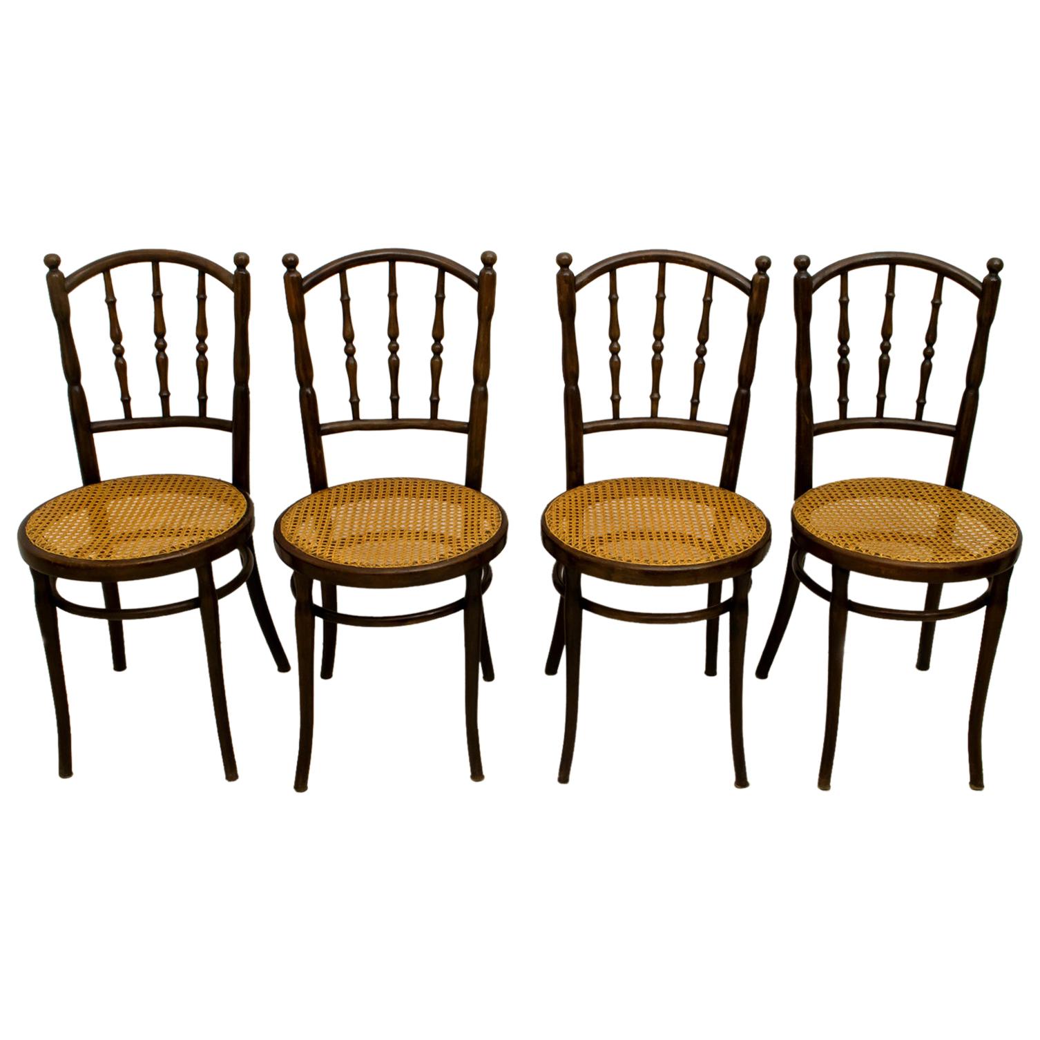 Set of 4 Jacob & Josef Kohn Art Nouveau Bent Wood and Vienna Straw Chairs, 1900