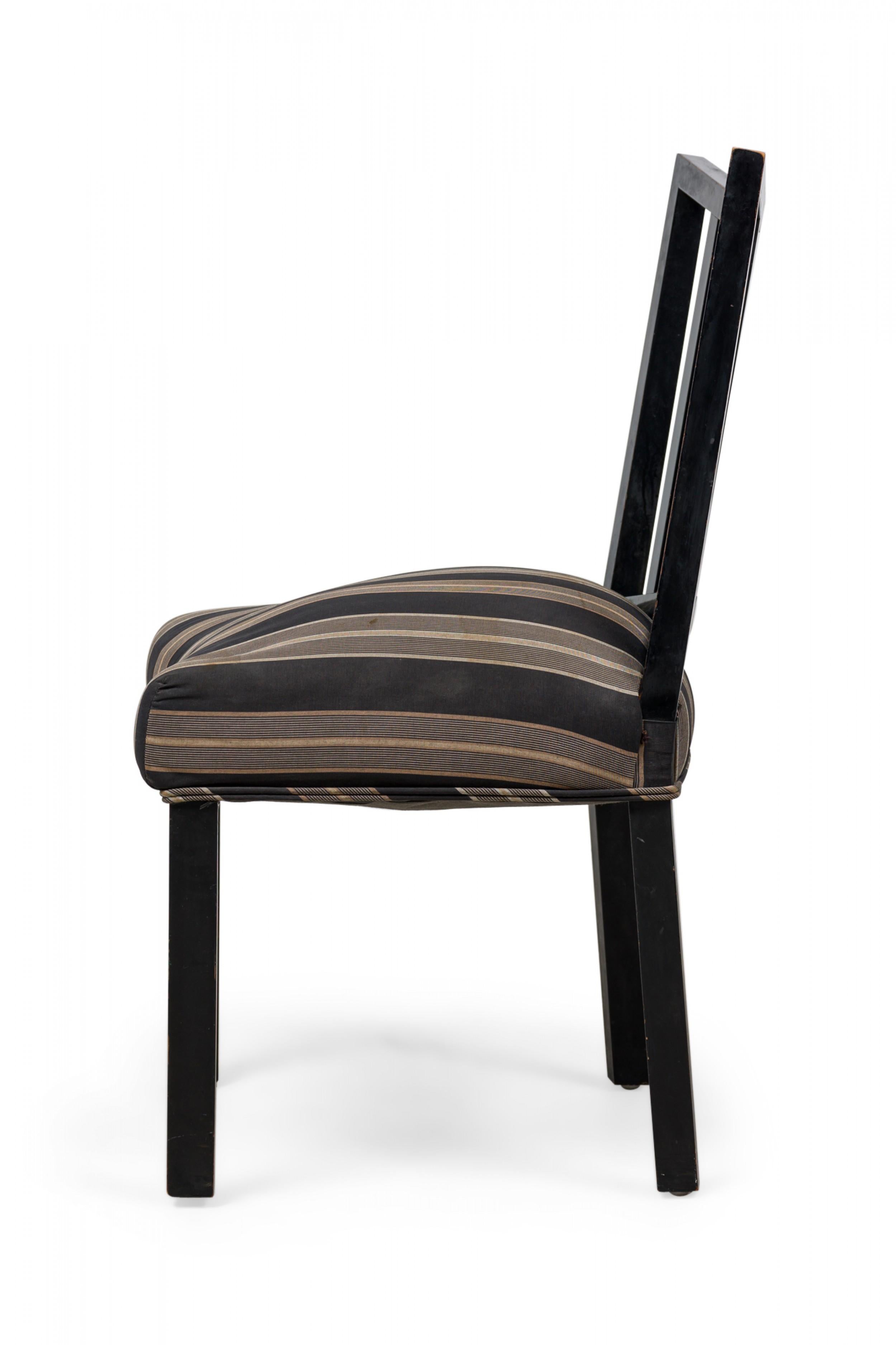 Set of 4 James Mont American Black Lacquered Stripe Upholstered Dining Chairs In Good Condition For Sale In New York, NY