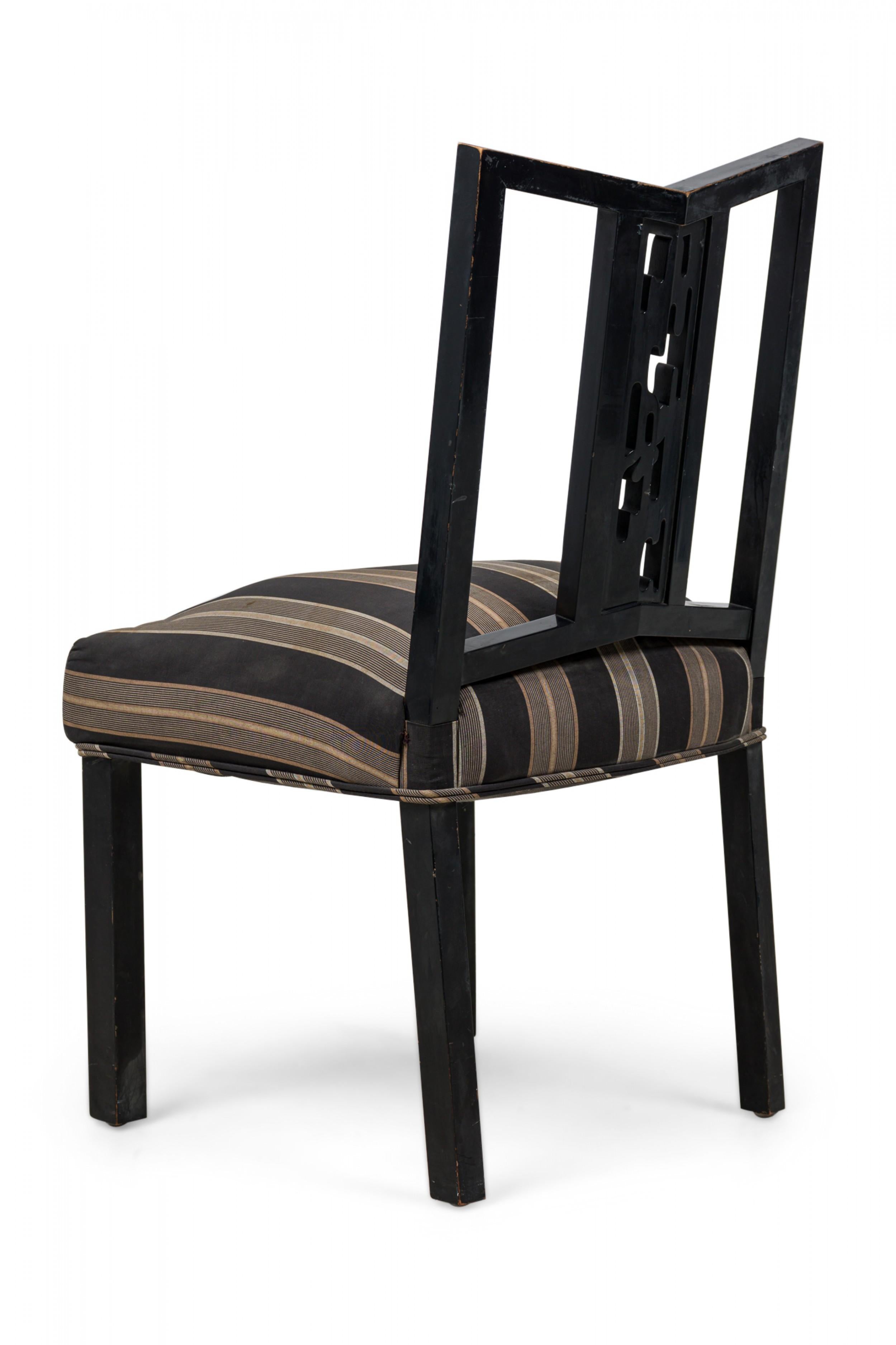 20th Century Set of 4 James Mont American Black Lacquered Stripe Upholstered Dining Chairs For Sale
