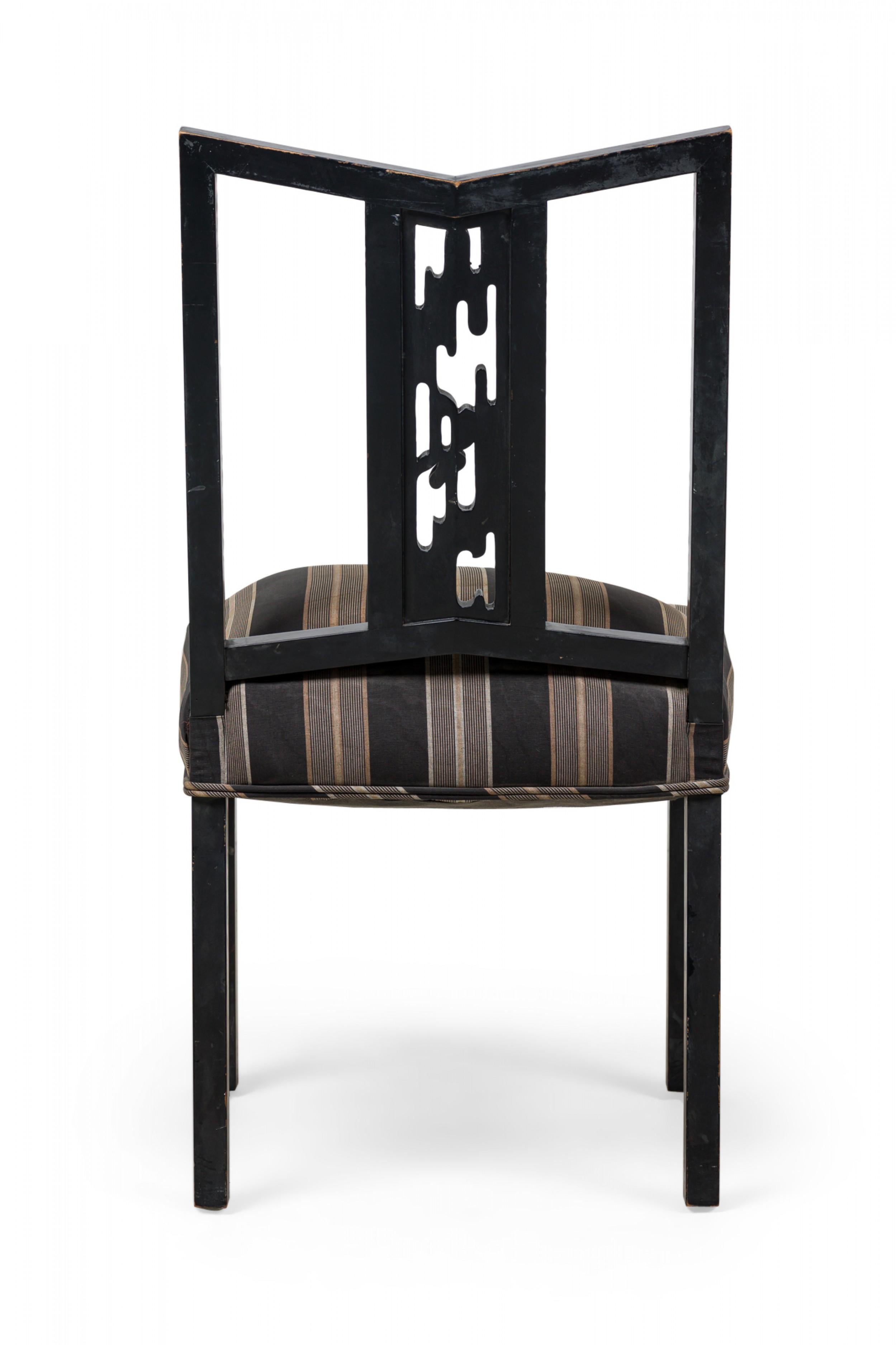 Upholstery Set of 4 James Mont American Black Lacquered Stripe Upholstered Dining Chairs For Sale