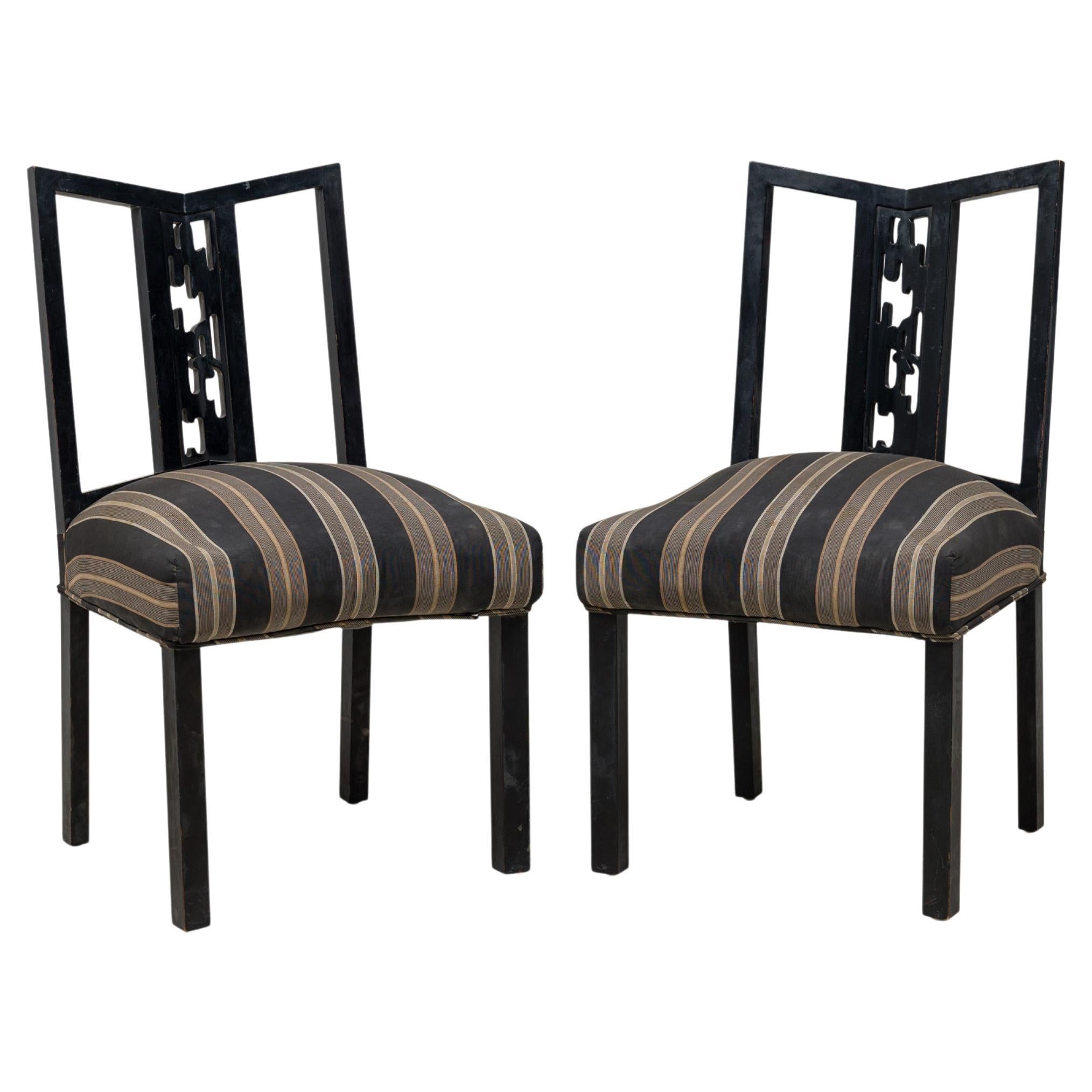 Set of 4 James Mont American Black Lacquered Stripe Upholstered Dining Chairs For Sale