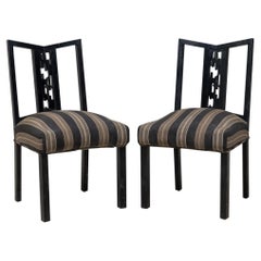 Set of 4 James Mont American Black Lacquered Stripe Upholstered Dining Chairs