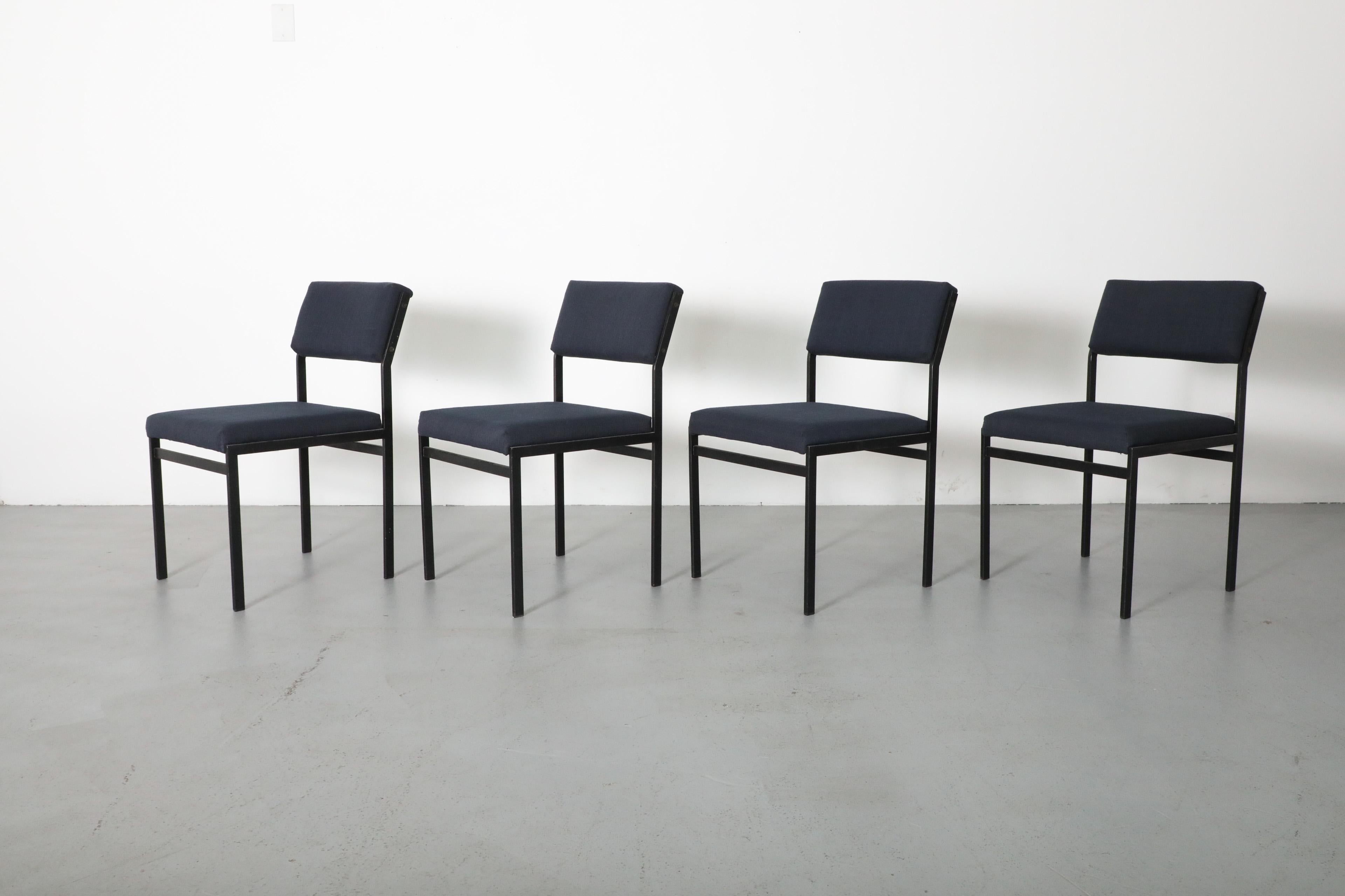 Mid-Century Modern Set of 4 Japanese Series Dining Chairs by Cees Braakman w/ Dark Blue Upholstery For Sale