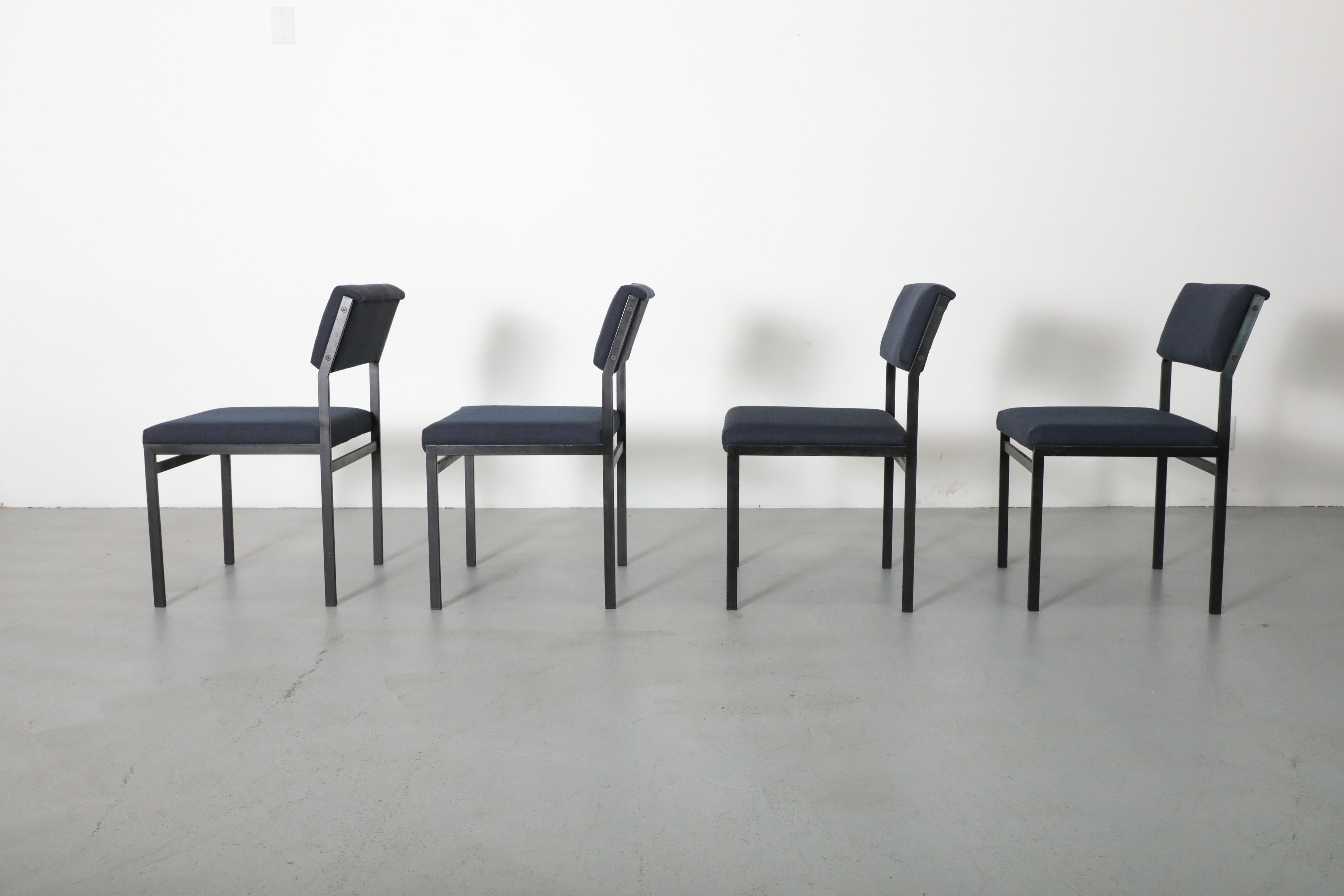 Enameled Set of 4 Japanese Series Dining Chairs by Cees Braakman w/ Dark Blue Upholstery For Sale
