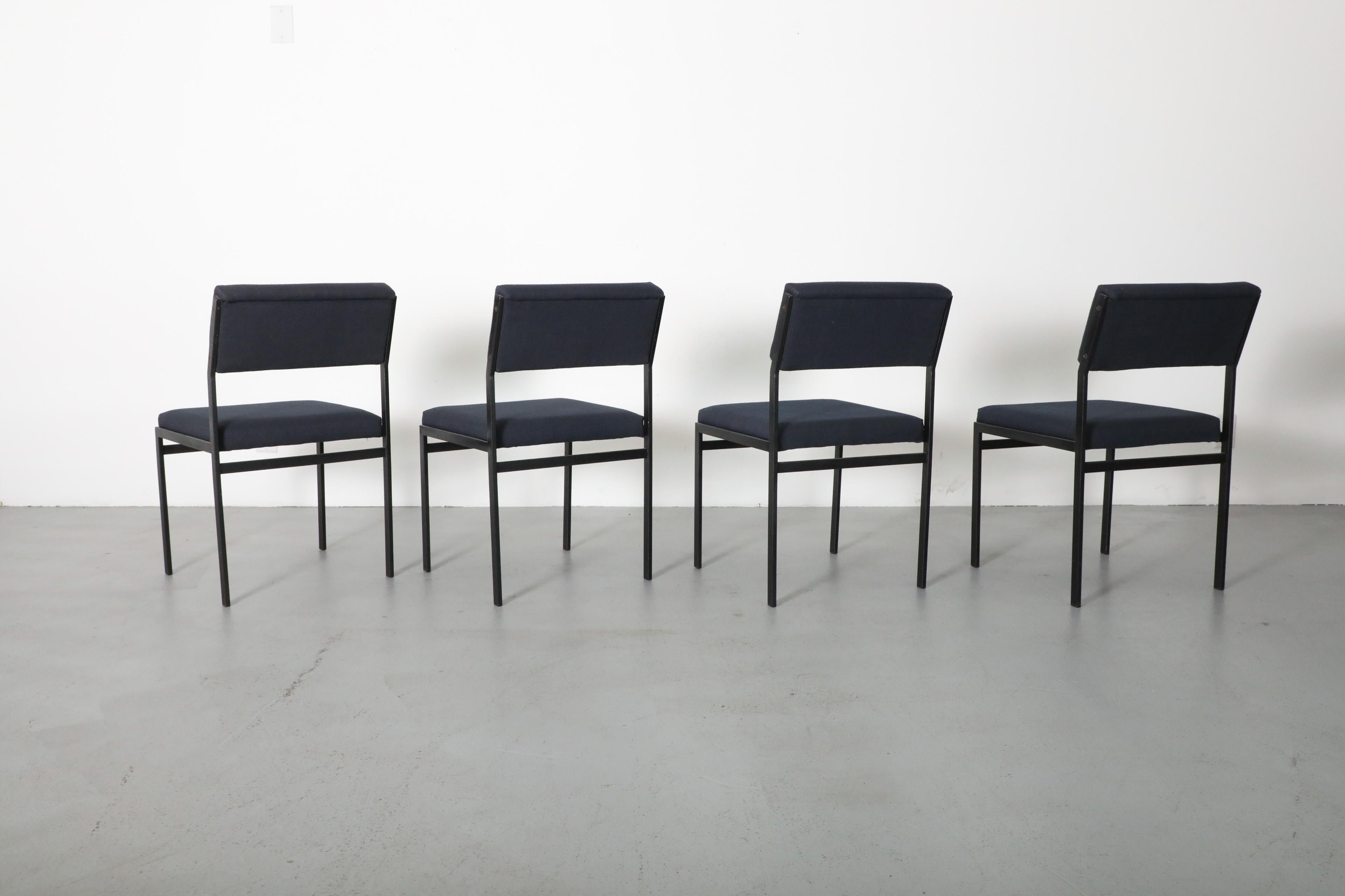 Set of 4 Japanese Series Dining Chairs by Cees Braakman w/ Dark Blue Upholstery In Good Condition For Sale In Los Angeles, CA
