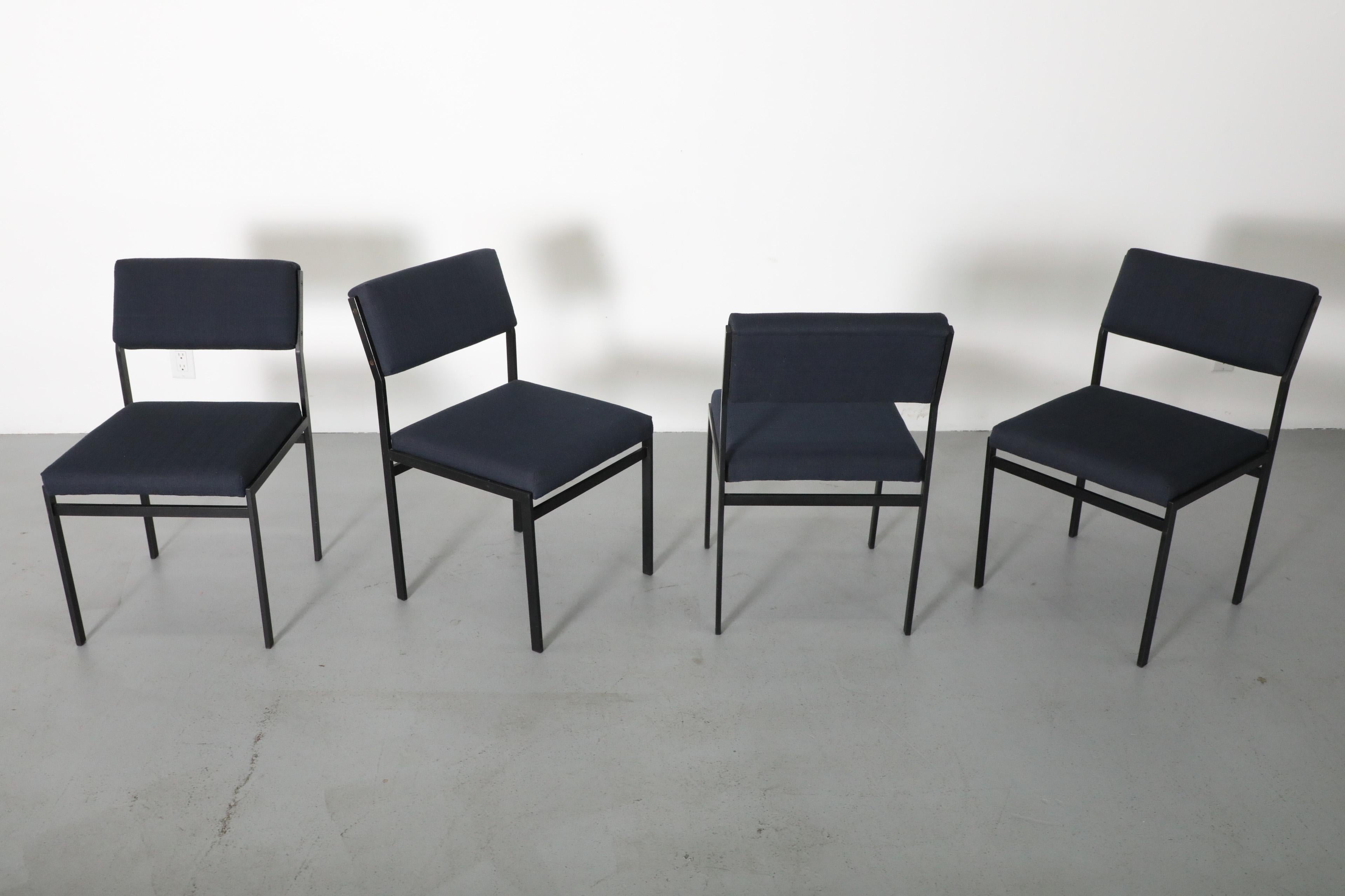 Metal Set of 4 Japanese Series Dining Chairs by Cees Braakman w/ Dark Blue Upholstery For Sale