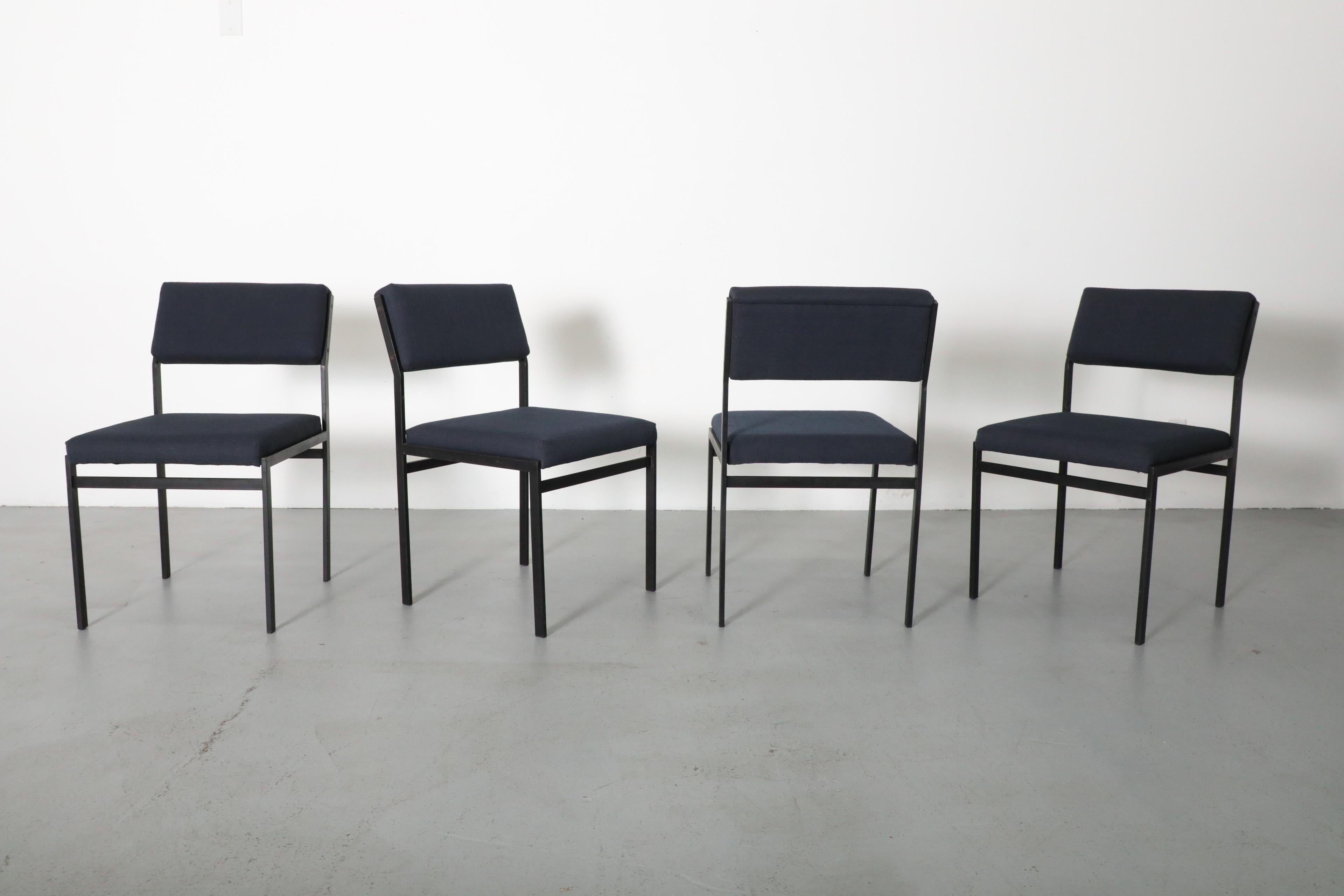 Set of 4 Japanese Series Dining Chairs by Cees Braakman w/ Dark Blue Upholstery For Sale 1