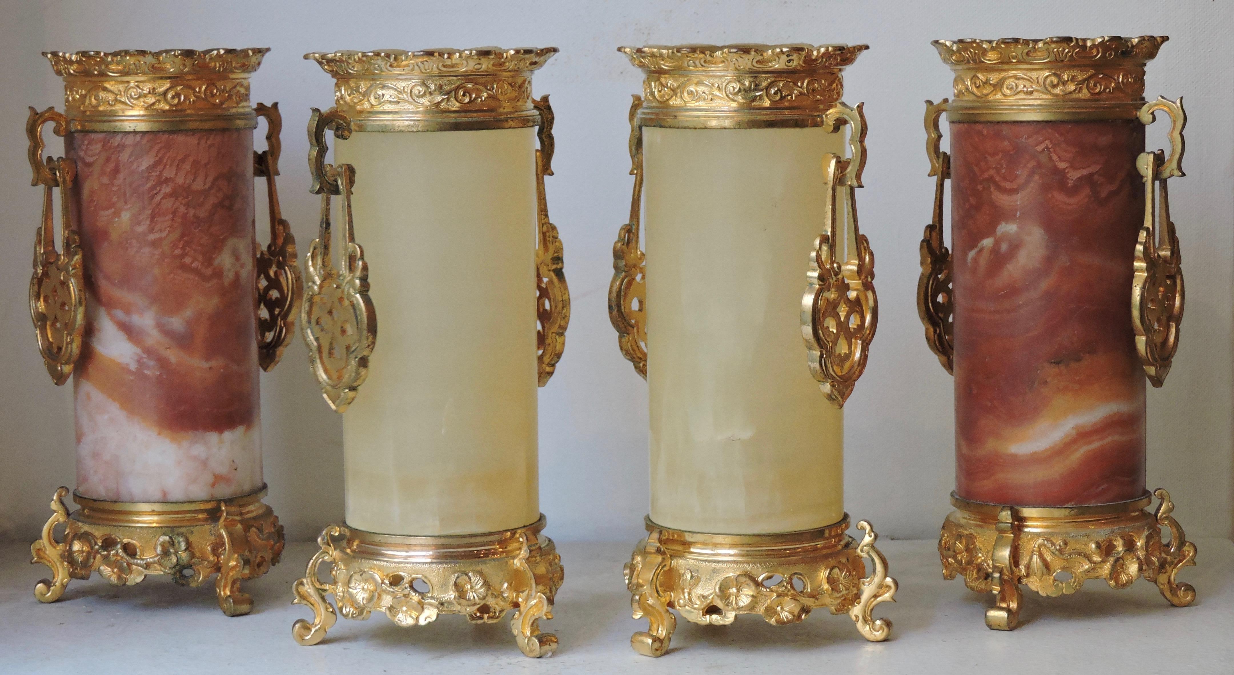 French Set of 4 Japonisme Marble, Onyx and Ormolu Vases in the Style of Edouard Lièvre