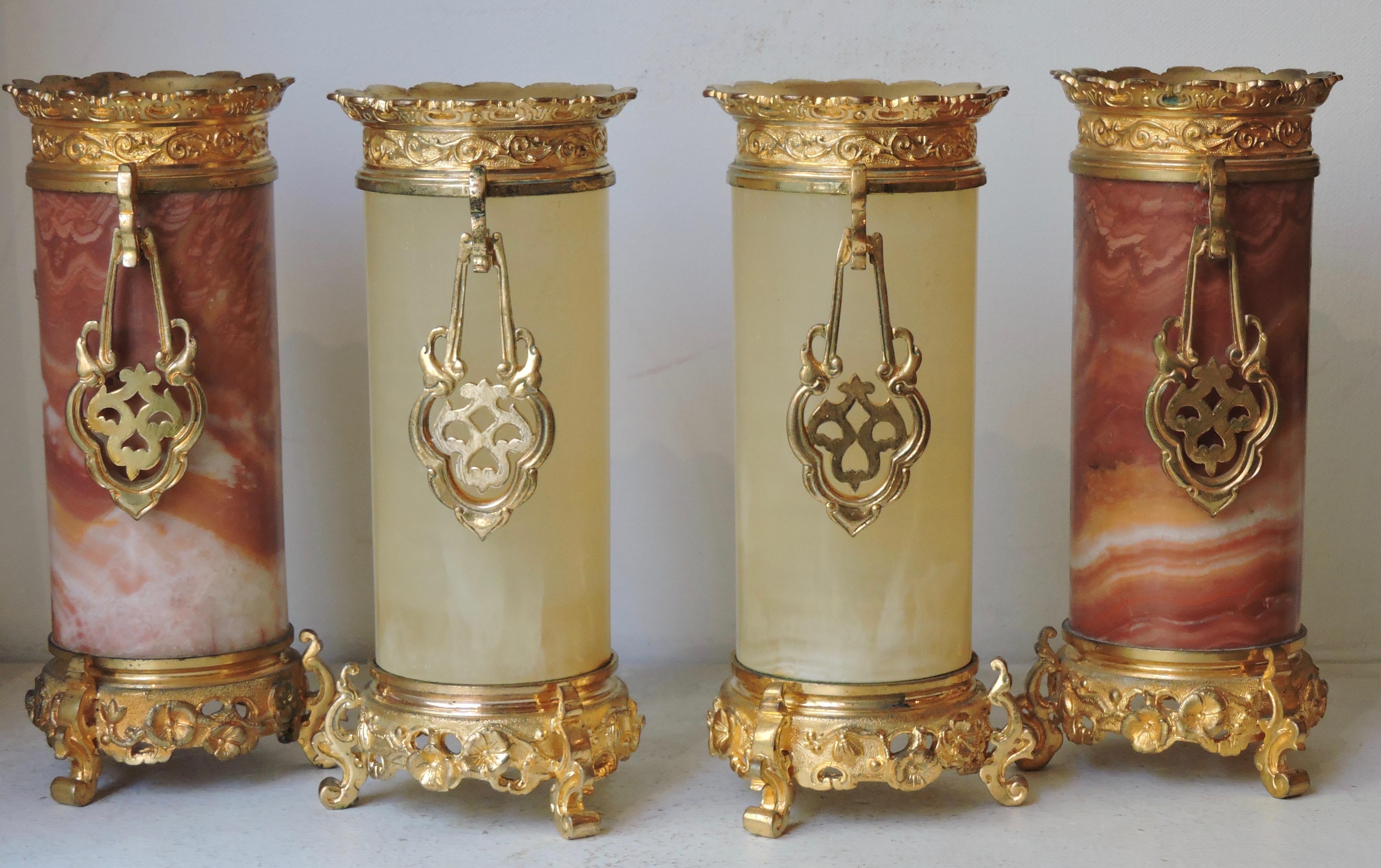 Gilt Set of 4 Japonisme Marble, Onyx and Ormolu Vases in the Style of Edouard Lièvre