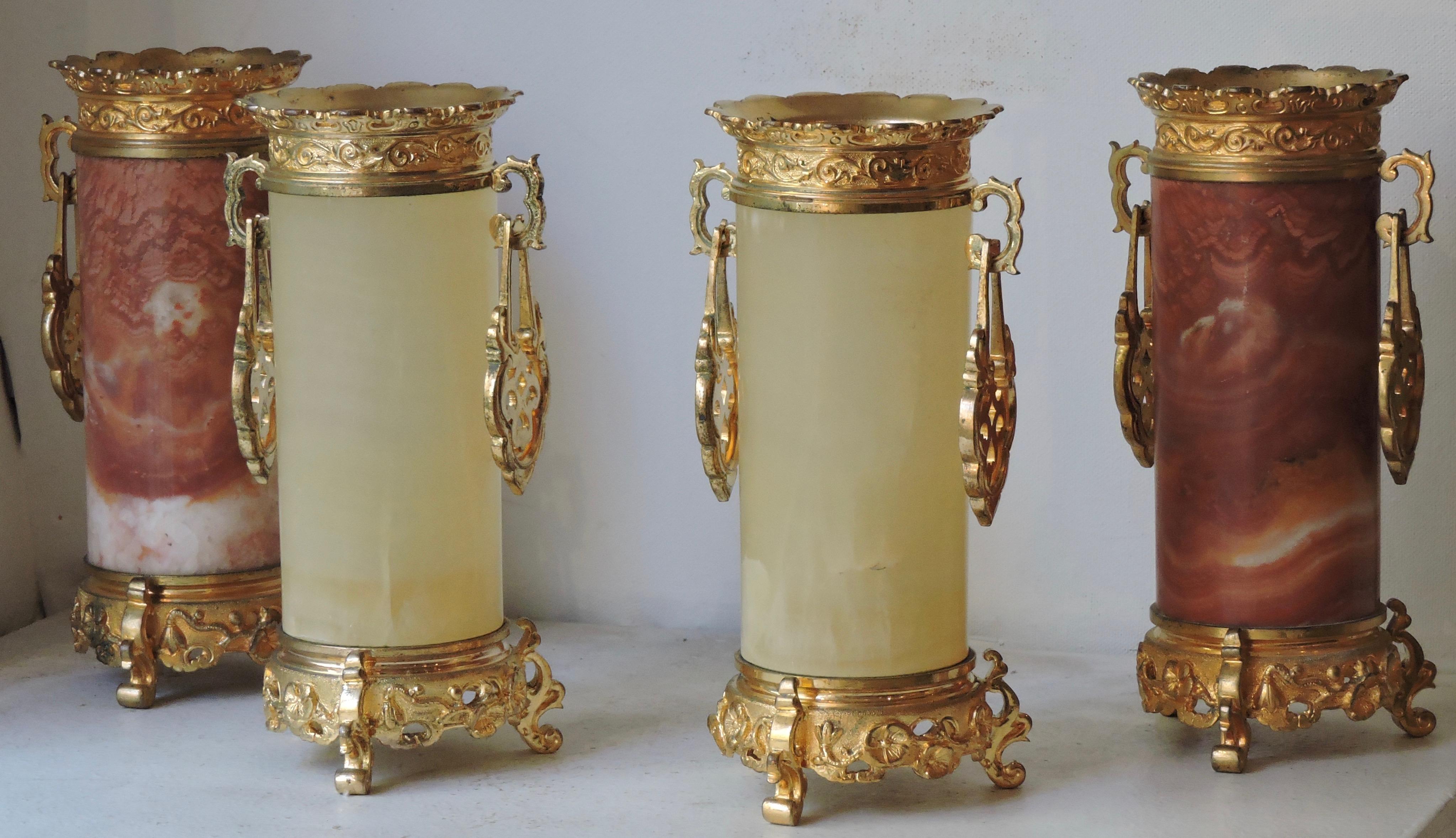 Set of 4 Japonisme Marble, Onyx and Ormolu Vases in the Style of Edouard Lièvre (Vergoldet)