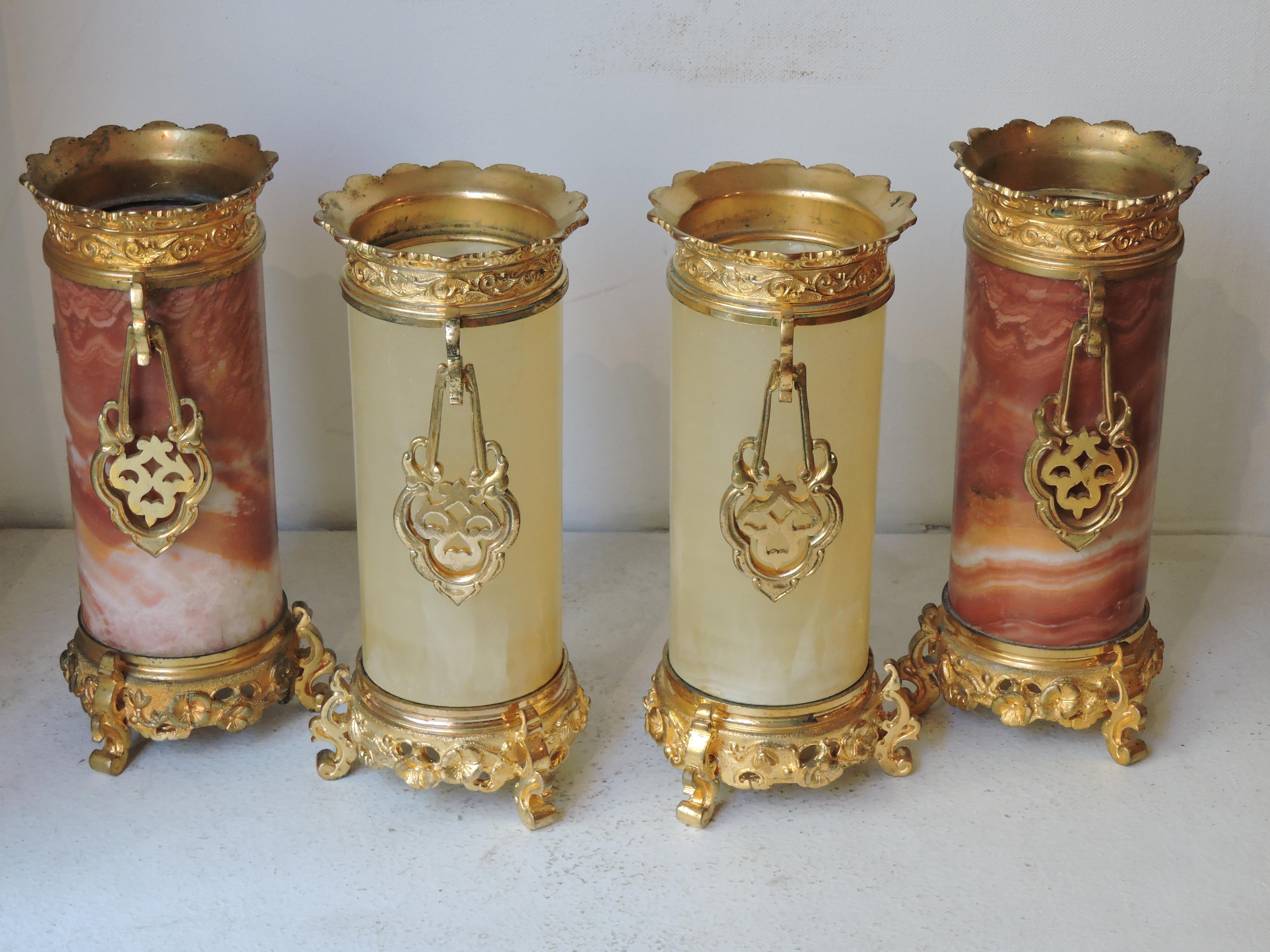 Late 19th Century Set of 4 Japonisme Marble, Onyx and Ormolu Vases in the Style of Edouard Lièvre