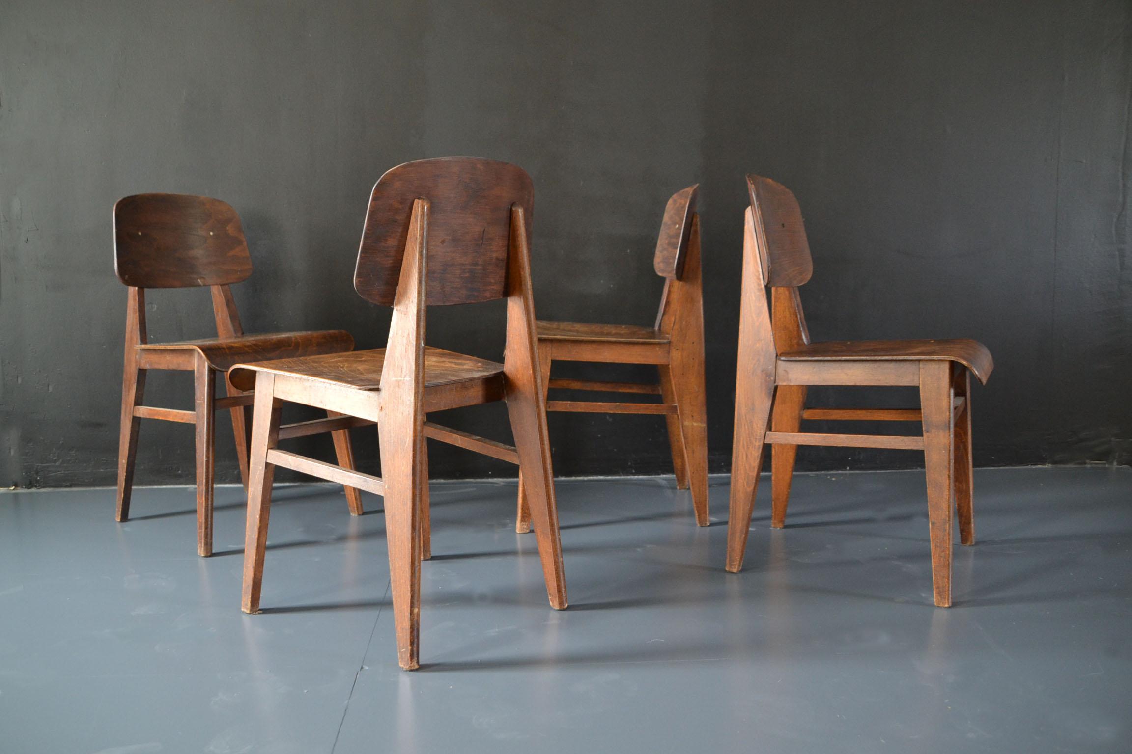 Mid-20th Century Set of 4 Jean Prouvé Chairs, Vauconsant