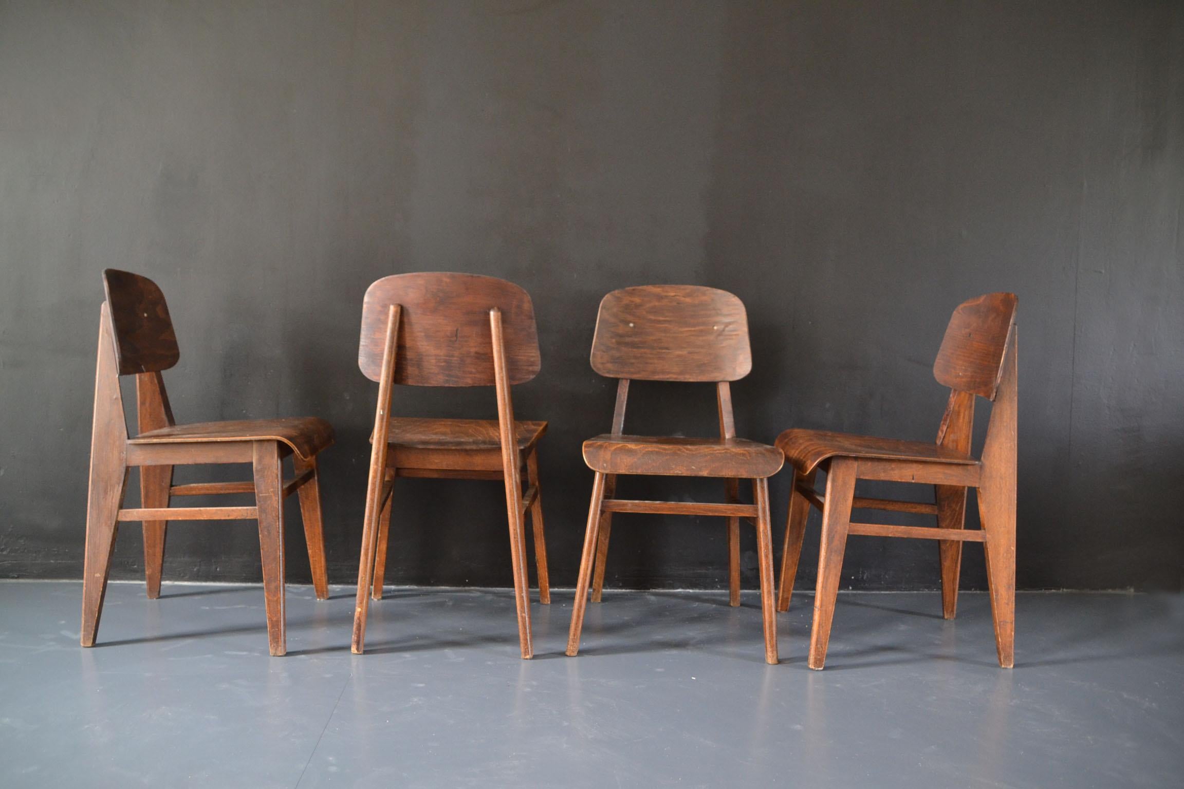 Plywood Set of 4 Jean Prouvé Chairs, Vauconsant