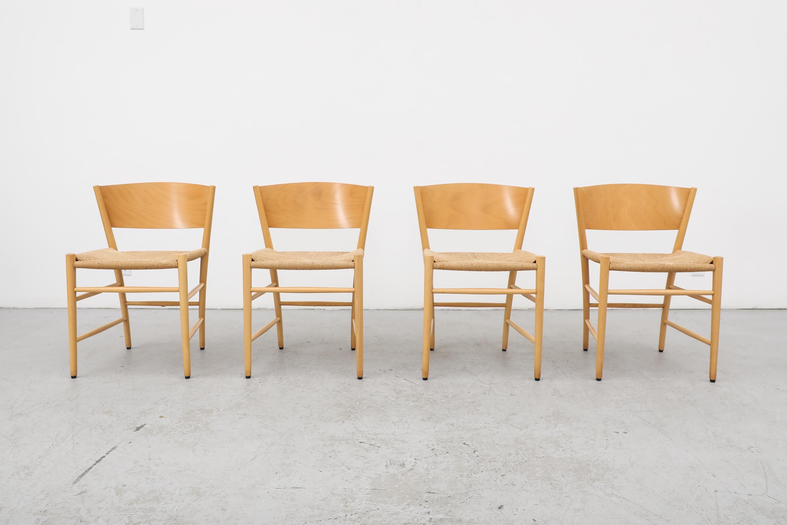 Set of 4 1990s Danish 'Jive' chairs by Tom Stepp for Kvist Møbler. The chairs have woven seats and birch frames. In original condition with visible wear and patina consistent with its age and use.