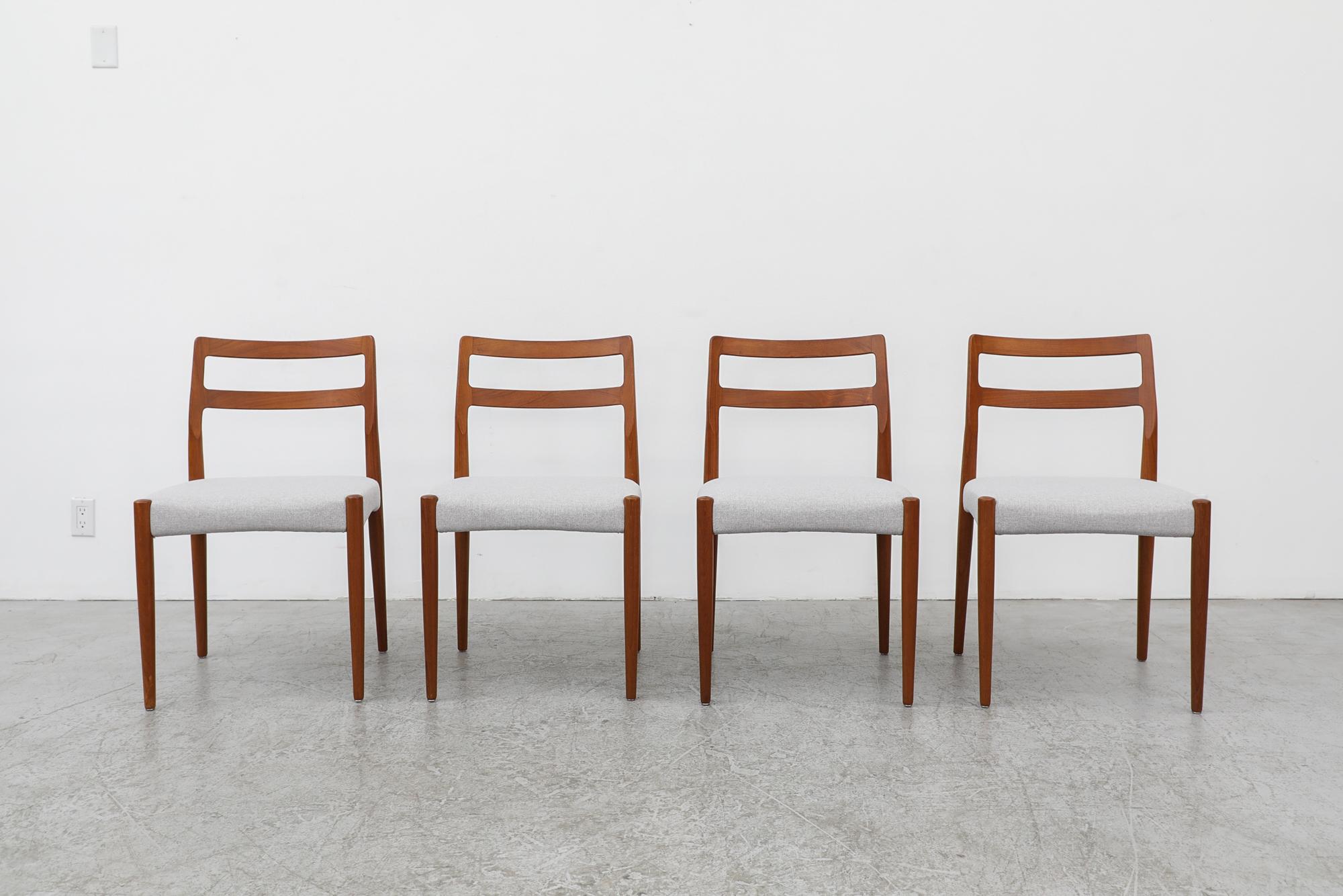 Set of 4 Johannes Andersen dining chairs with light gray upholstered seats. Andersen was a vastly influential designer, hailing from Denmark and designing for the Swedish company Trensum, as well as Danish companies like CFC Silkeborg, Uldum, J.