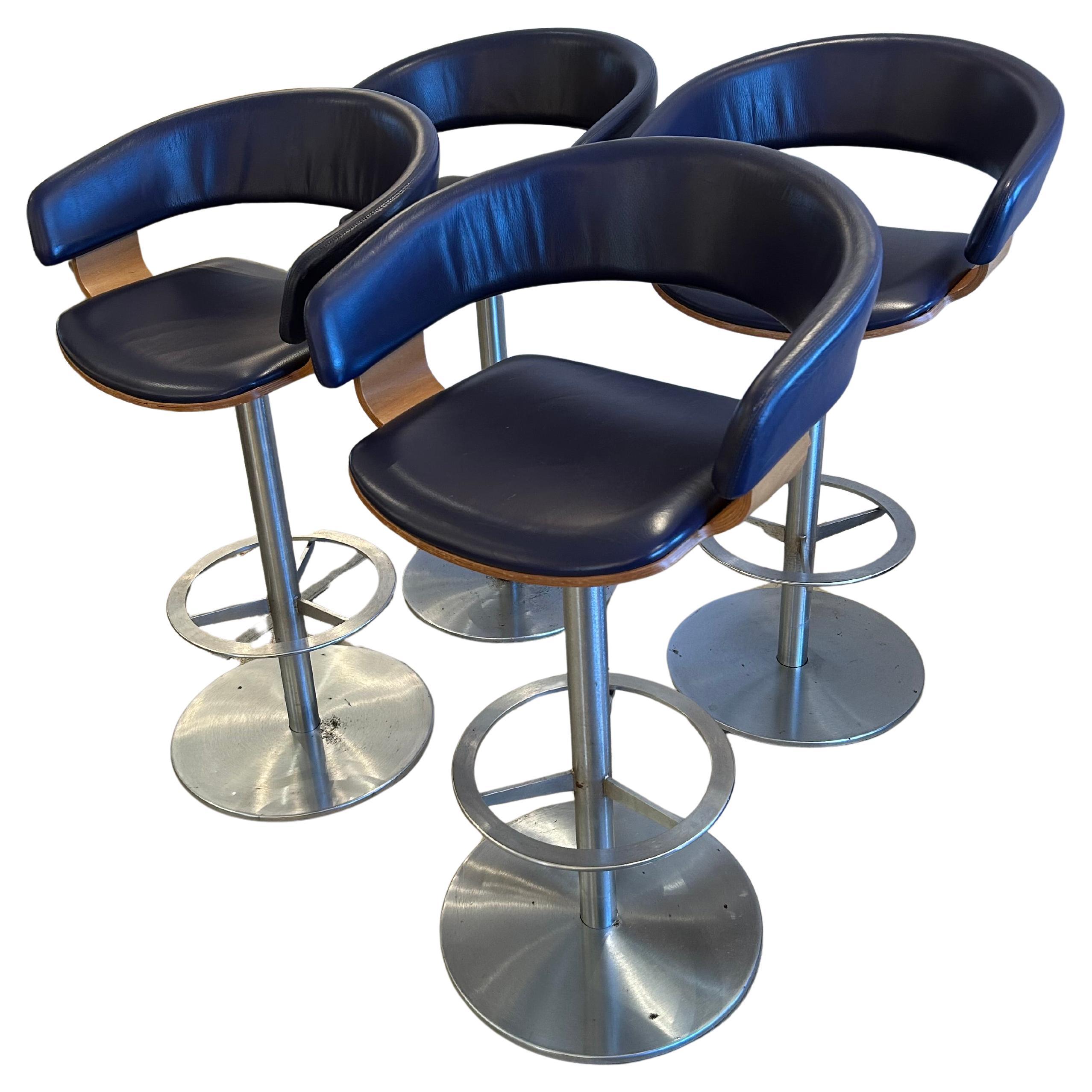 Set of 4 John Coleman Oak Leather and Steel Barstools by Allermuir