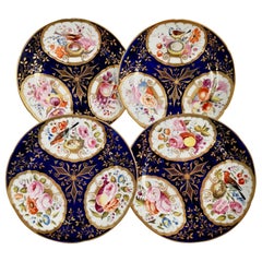 Antique Set of 4 John Rose Coalport Plates, Cobalt Blue, Birds, Flowers, circa 1805