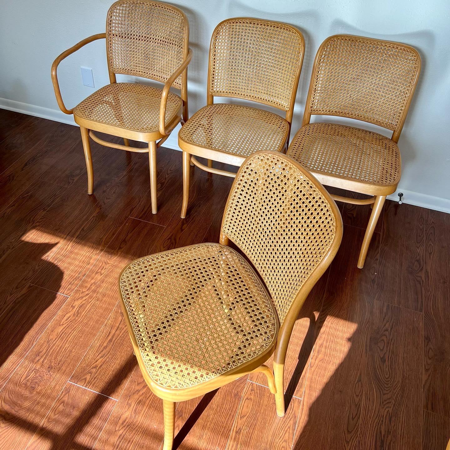 Mid-Century Modern Set of 4 Josef Hoffmann Bentwood and Cane Chairs, Made in Poland