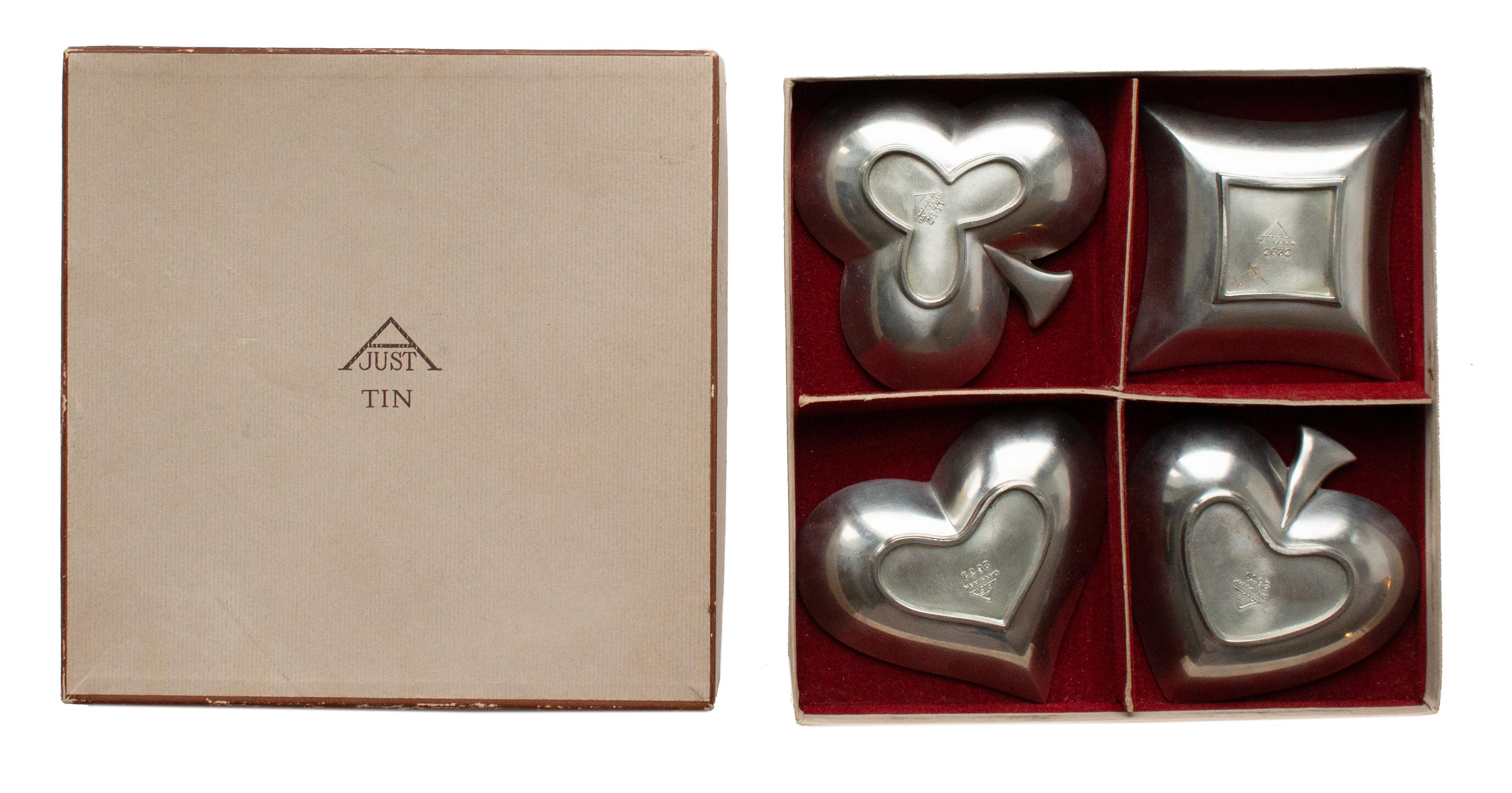 Mid-Century Modern Set of 4 Just Andersen Card Dishes in Pewter from Denmark in Original Box For Sale