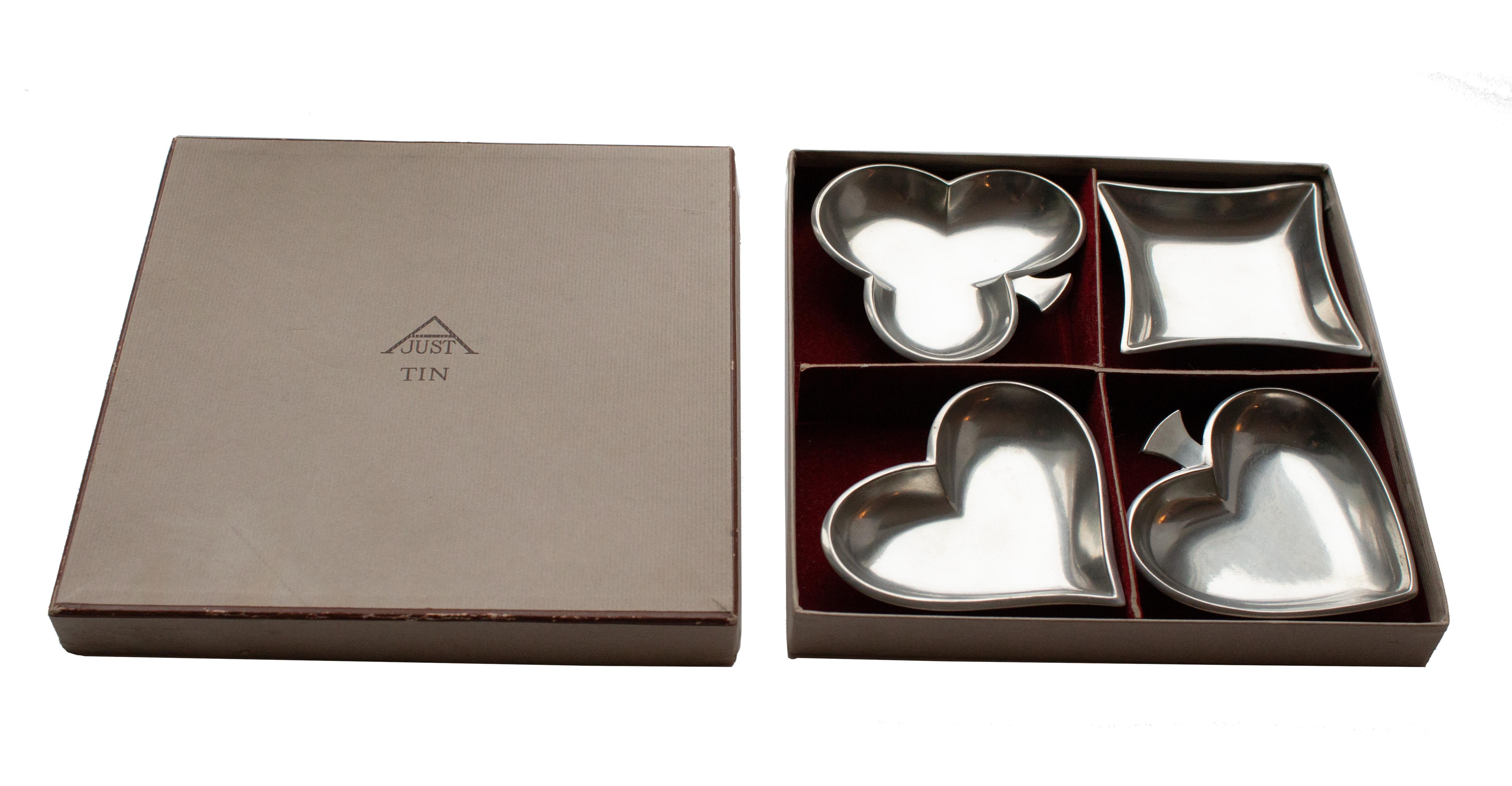 Danish Set of 4 Just Andersen Card Dishes in Pewter from Denmark in Original Box For Sale