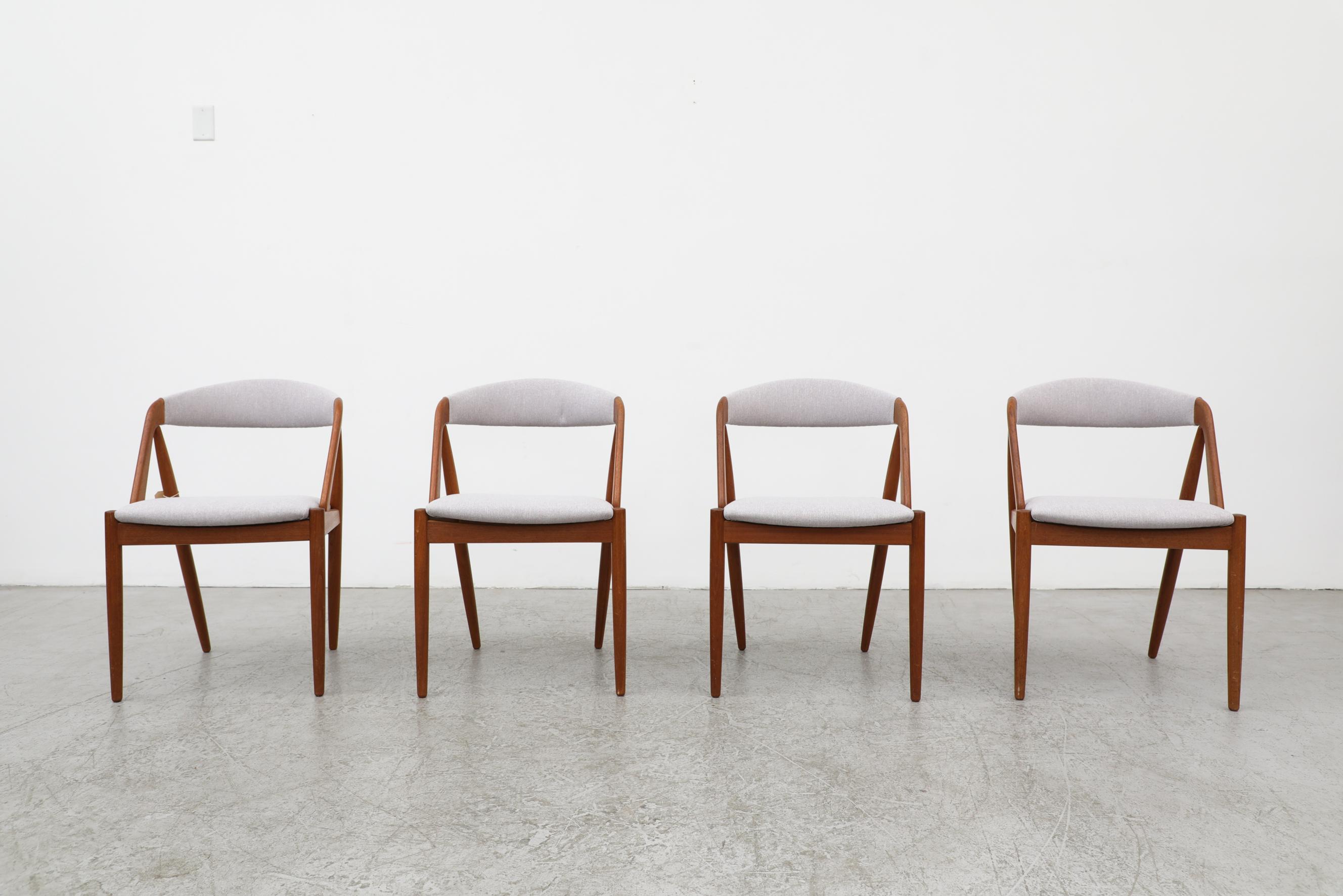 Set of 4 Kai Kristiansen 'Handy' dining chairs with lilac upholstery. Formerly known as the ‘NV31’ chair. A versatile designer, Kristiansen was at ease creating a variety of furniture. His designs are characterized by simple shapes and an ideal