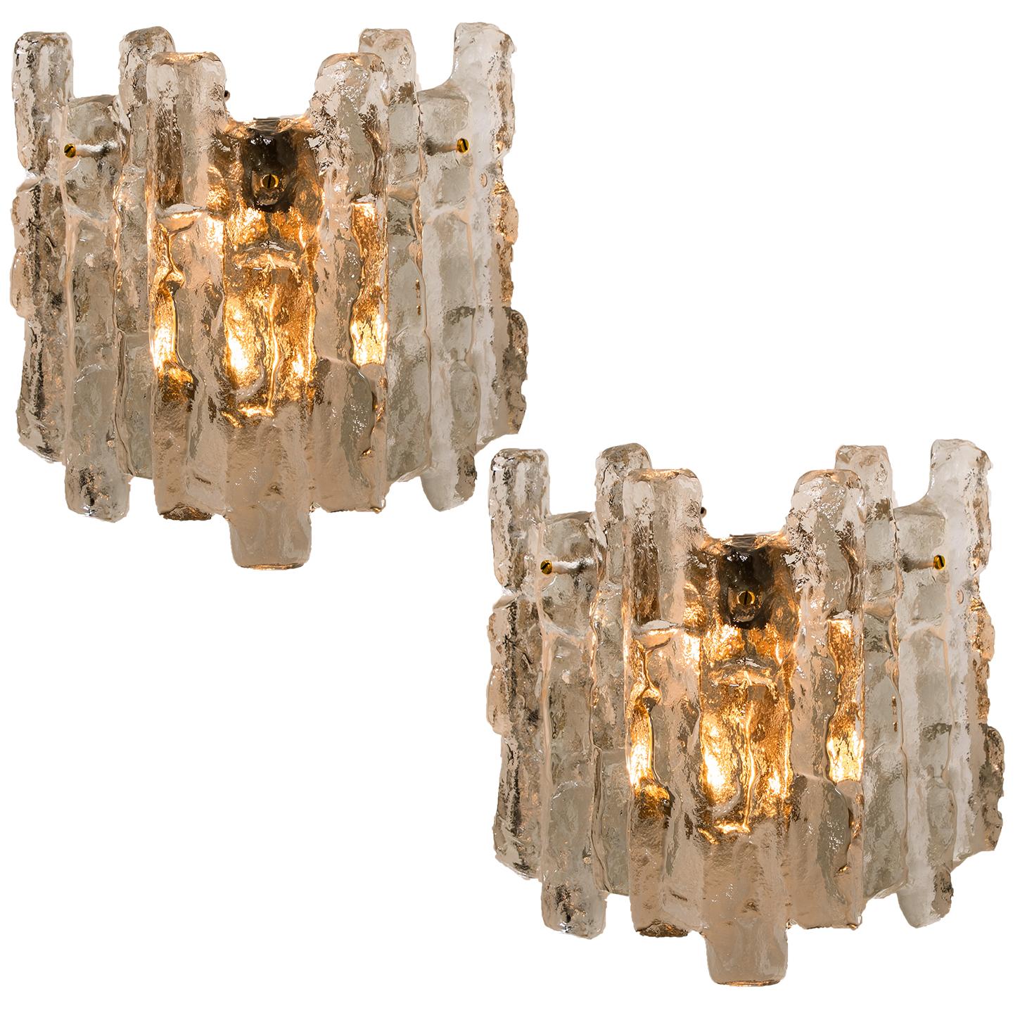 Set of 4 Kalmar Ice Glass Light Fixtures, 2 Wall Scones and 2 Chandeliers For Sale 1