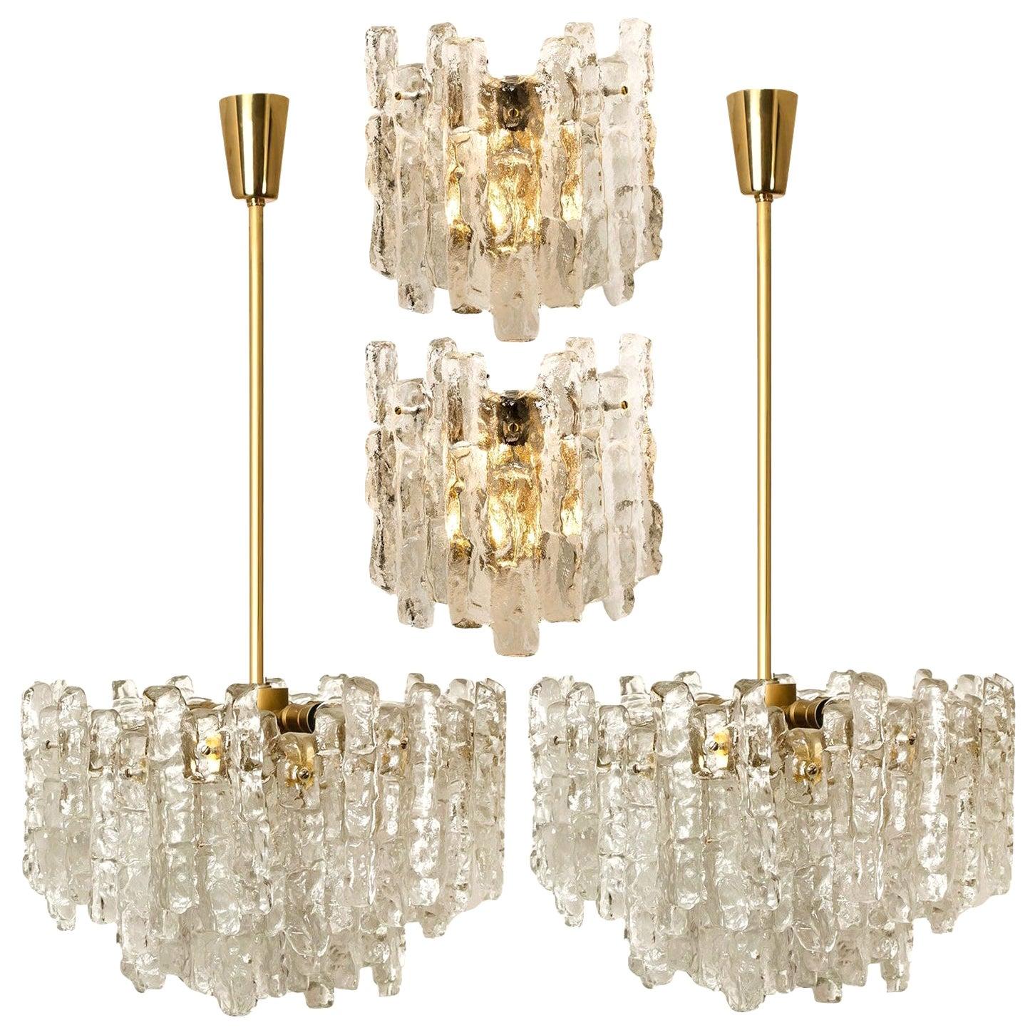 Set of 4 Kalmar Ice Glass Light Fixtures, 2 Wall Scones and 2 Chandeliers For Sale