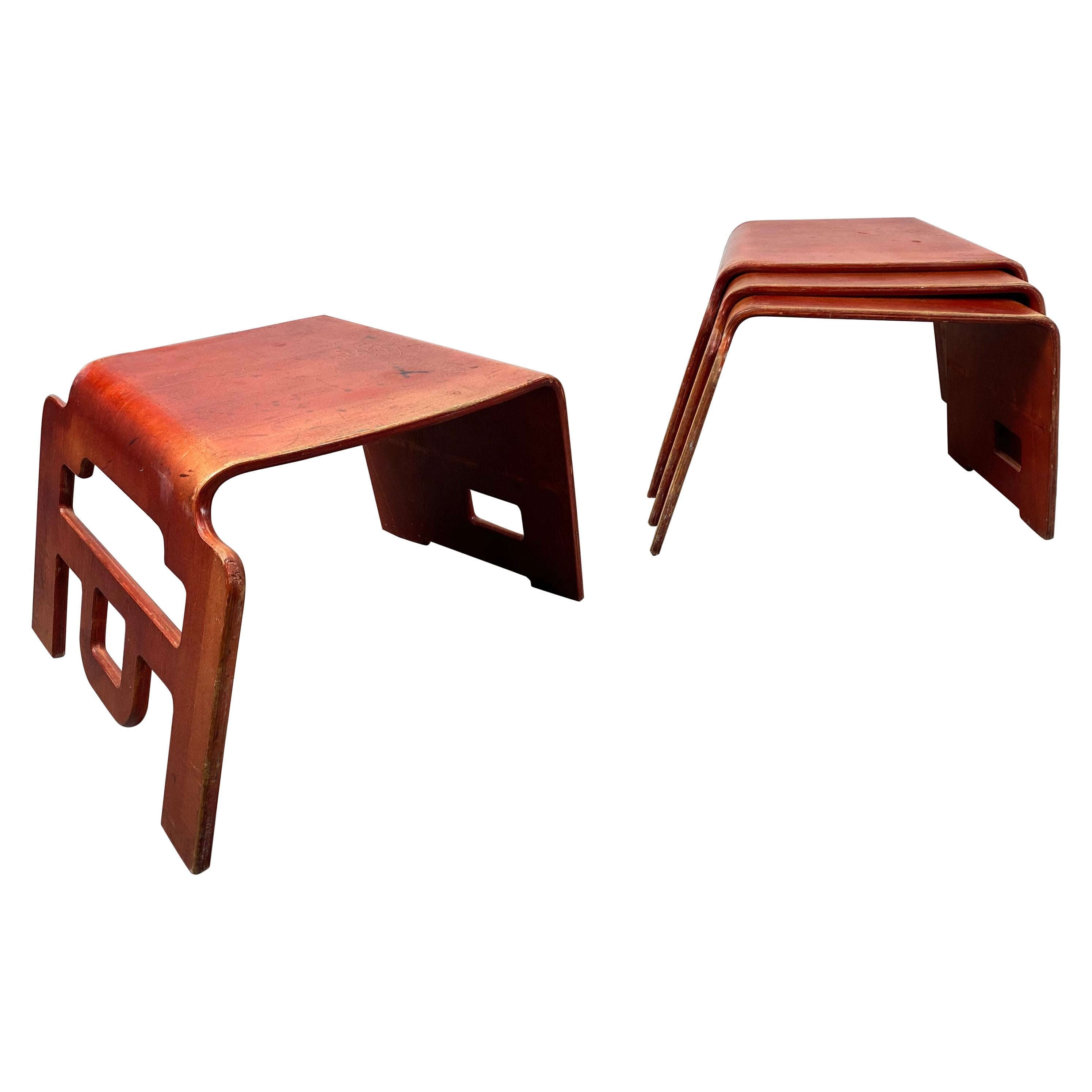 Set of 4 "Kin -Der-Link" Stools, by Bashir Zivari for Skools Inc. Plywood Modern For Sale