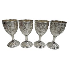 Set of 4 Kirk Sterling Silver Goblets with Pretty Floral Repousse