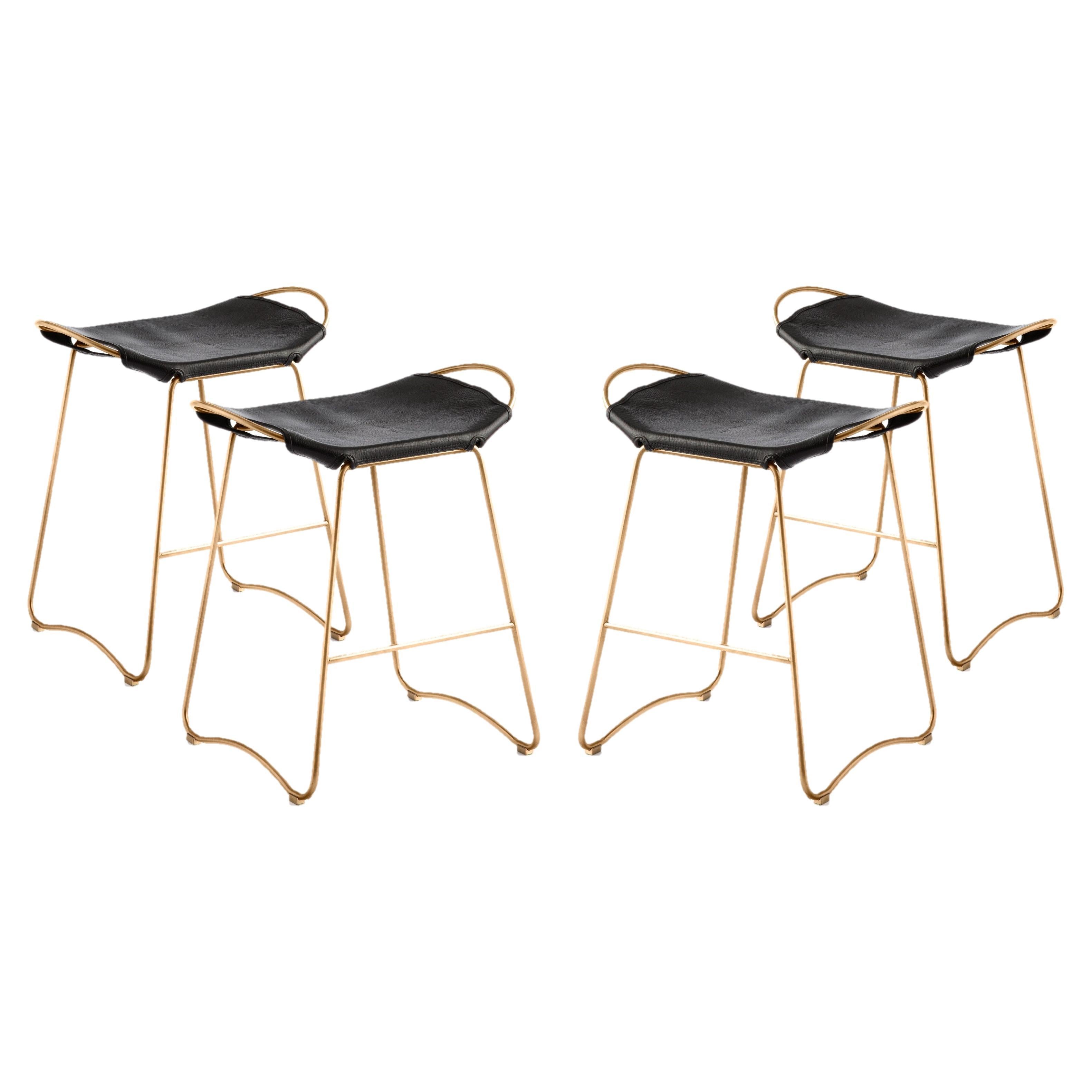 Set of 4 Contemporary Kitchen Counter Bar Stool Brass Metal & Black Leather For Sale