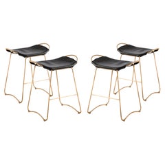 Set of 4 Contemporary Kitchen Counter Bar Stool Brass Metal & Black Leather