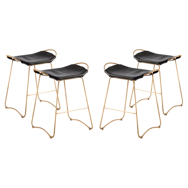 Set of 4 Contemporary Kitchen Counter Bar Stool Brass Metal and Black
