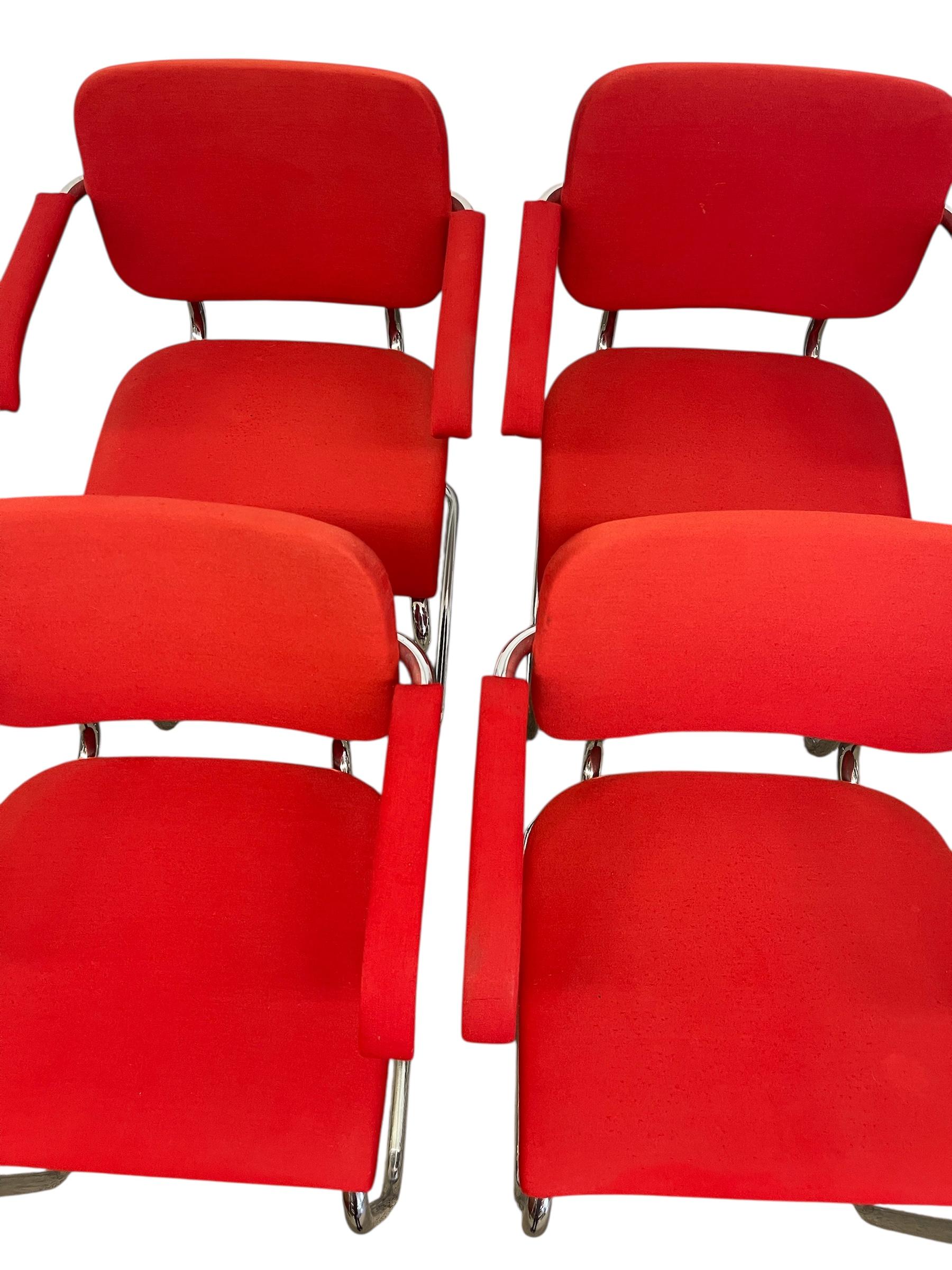 Set of 4 Knoll Cesca Red Upholstered Cantilever Armchairs with Chrome Frames For Sale 5