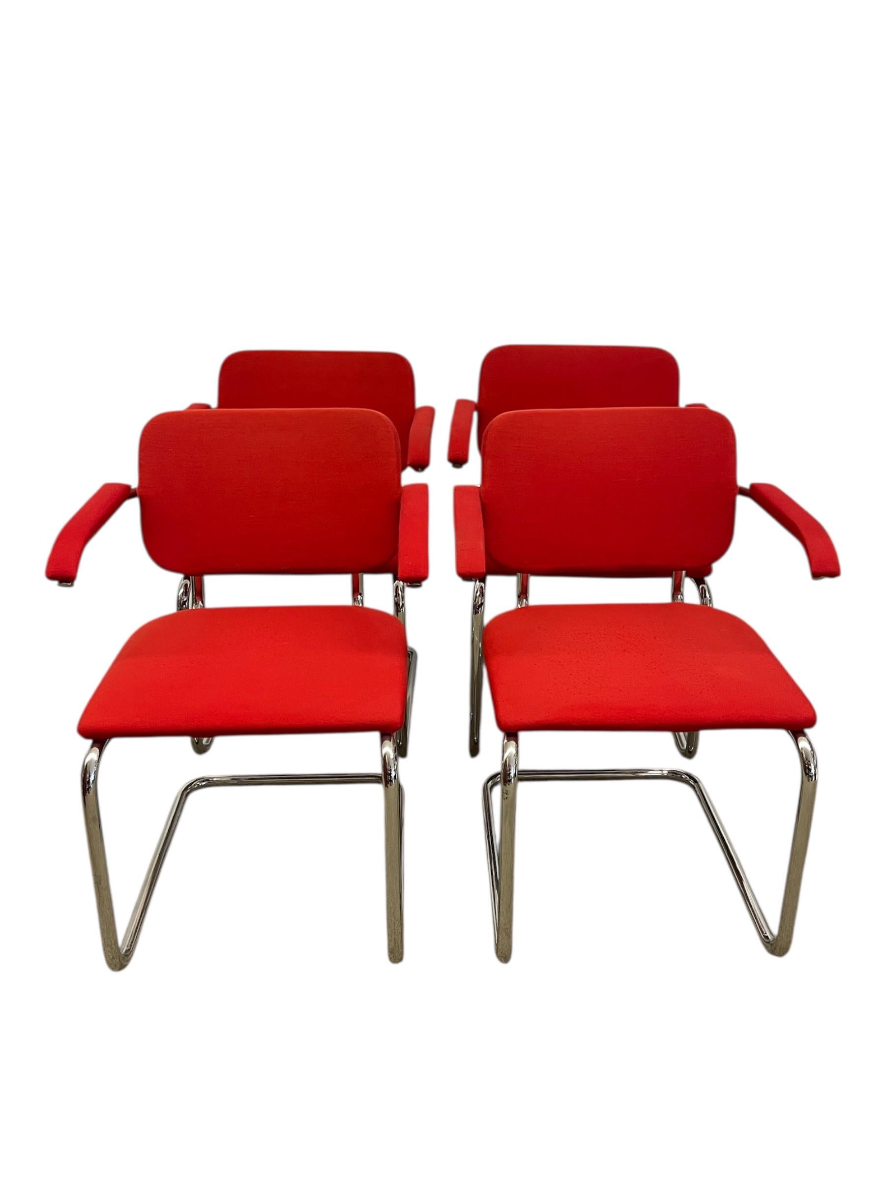 Mid-Century Modern Set of 4 Knoll Cesca Red Upholstered Cantilever Armchairs with Chrome Frames For Sale