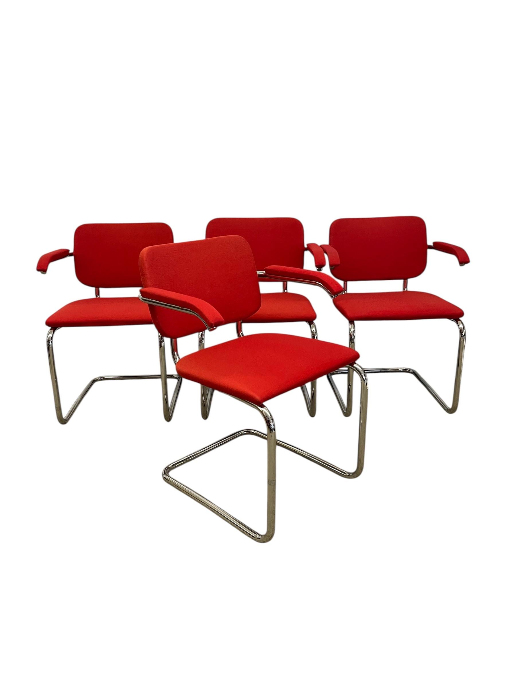 Set of 4 Knoll Cesca Red Upholstered Cantilever Armchairs with Chrome Frames In Good Condition For Sale In Seattle, WA