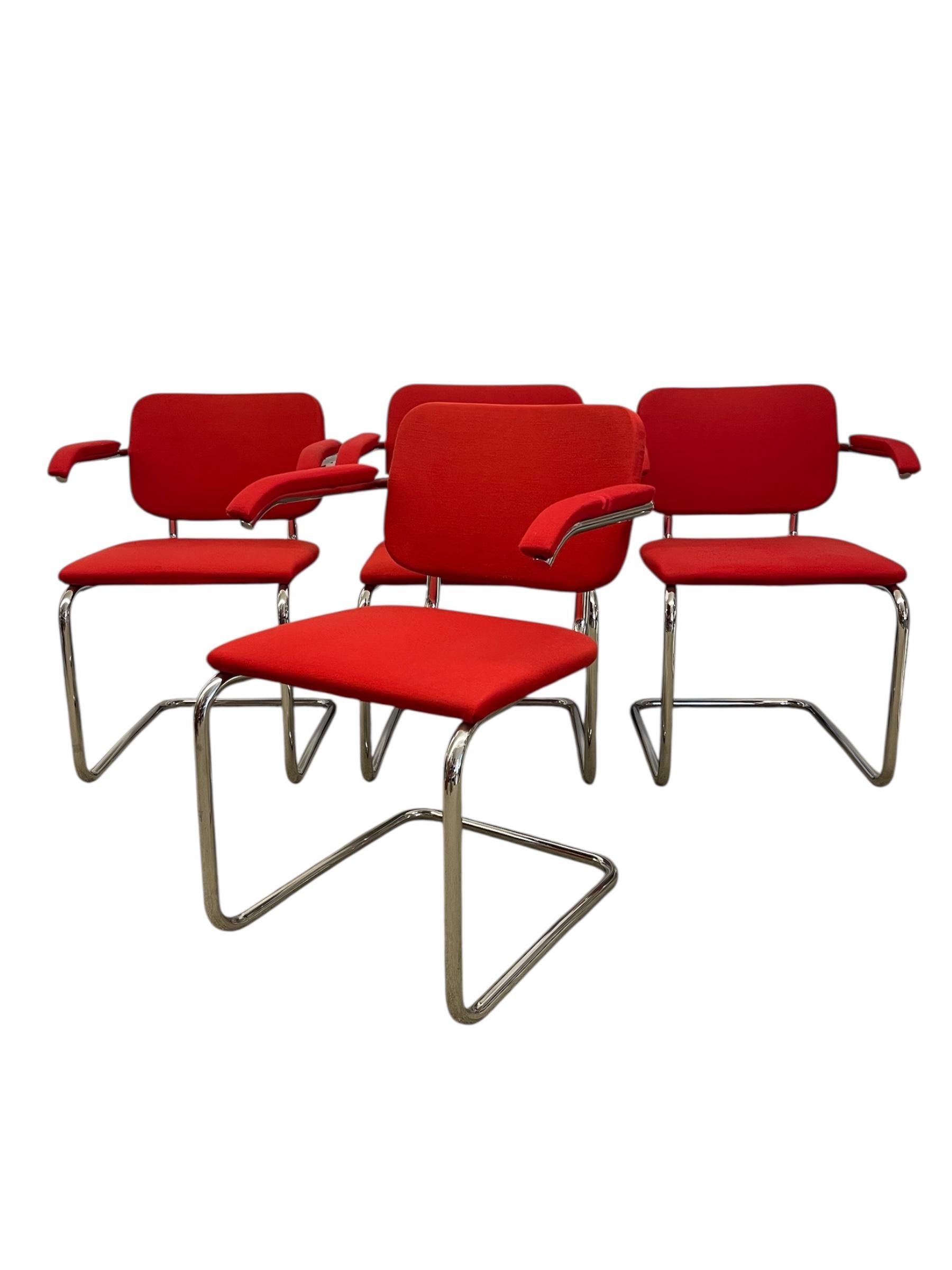 Late 20th Century Set of 4 Knoll Cesca Red Upholstered Cantilever Armchairs with Chrome Frames For Sale