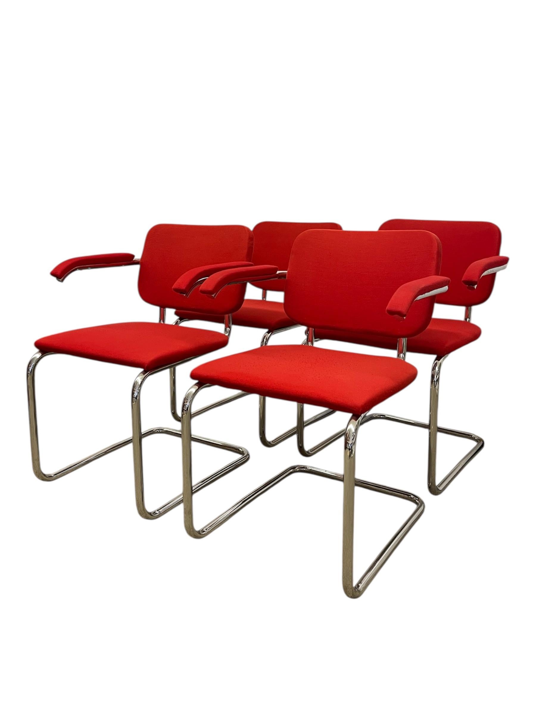 Set of 4 Knoll Cesca Red Upholstered Cantilever Armchairs with Chrome Frames For Sale 1