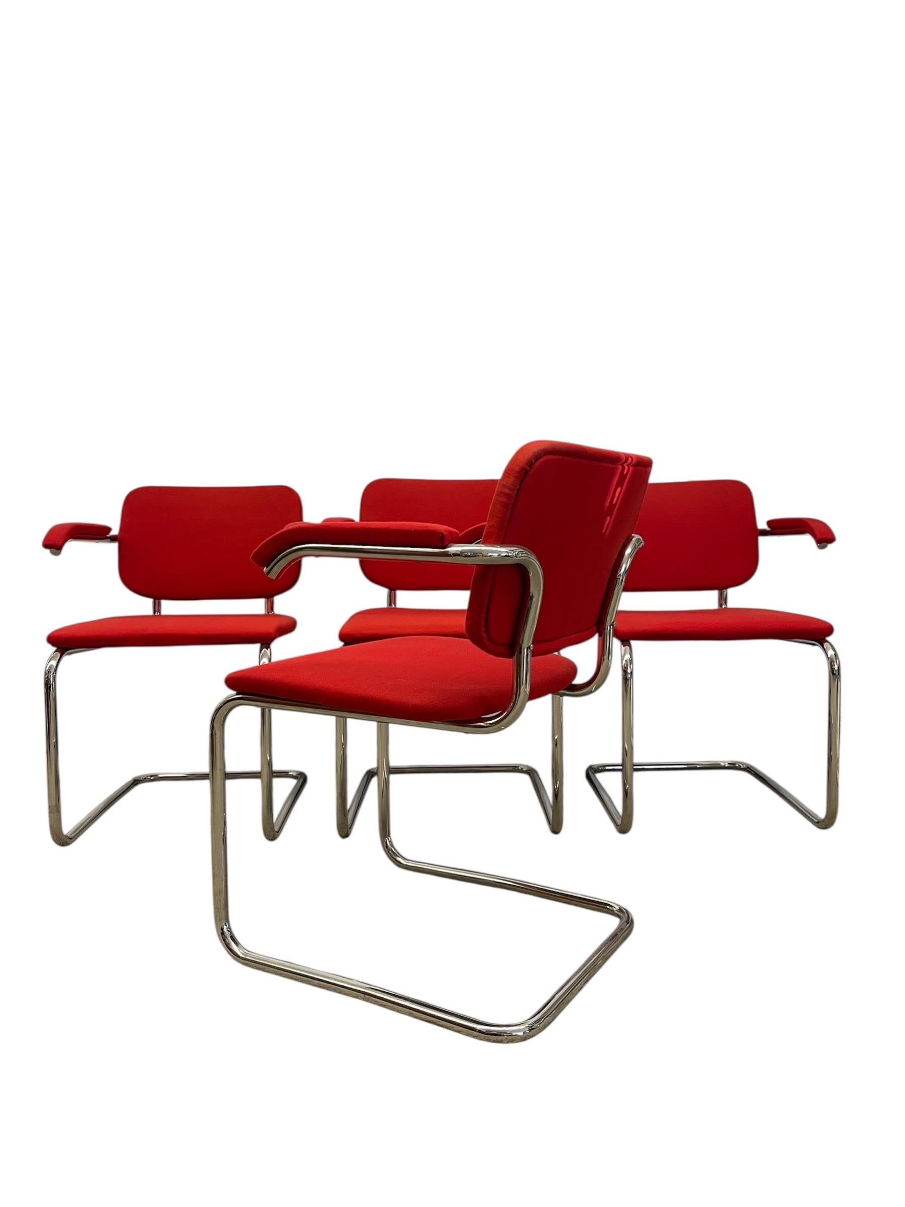 Set of 4 Knoll Cesca Red Upholstered Cantilever Armchairs with Chrome Frames For Sale 2